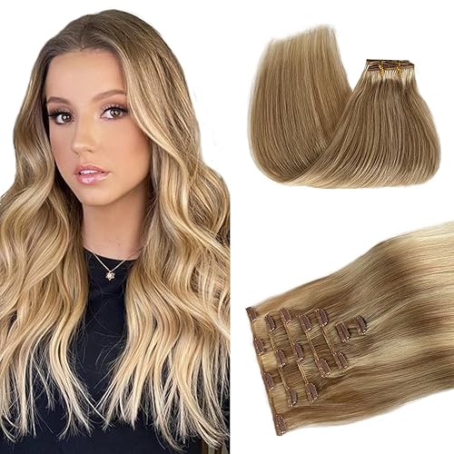 Belaved Extensiones de cabello con pinzas, color marrón ceniza y rubio platino, cabello humano real, 7 unidades, 2.47 onzas, 14 pulgadas con clip