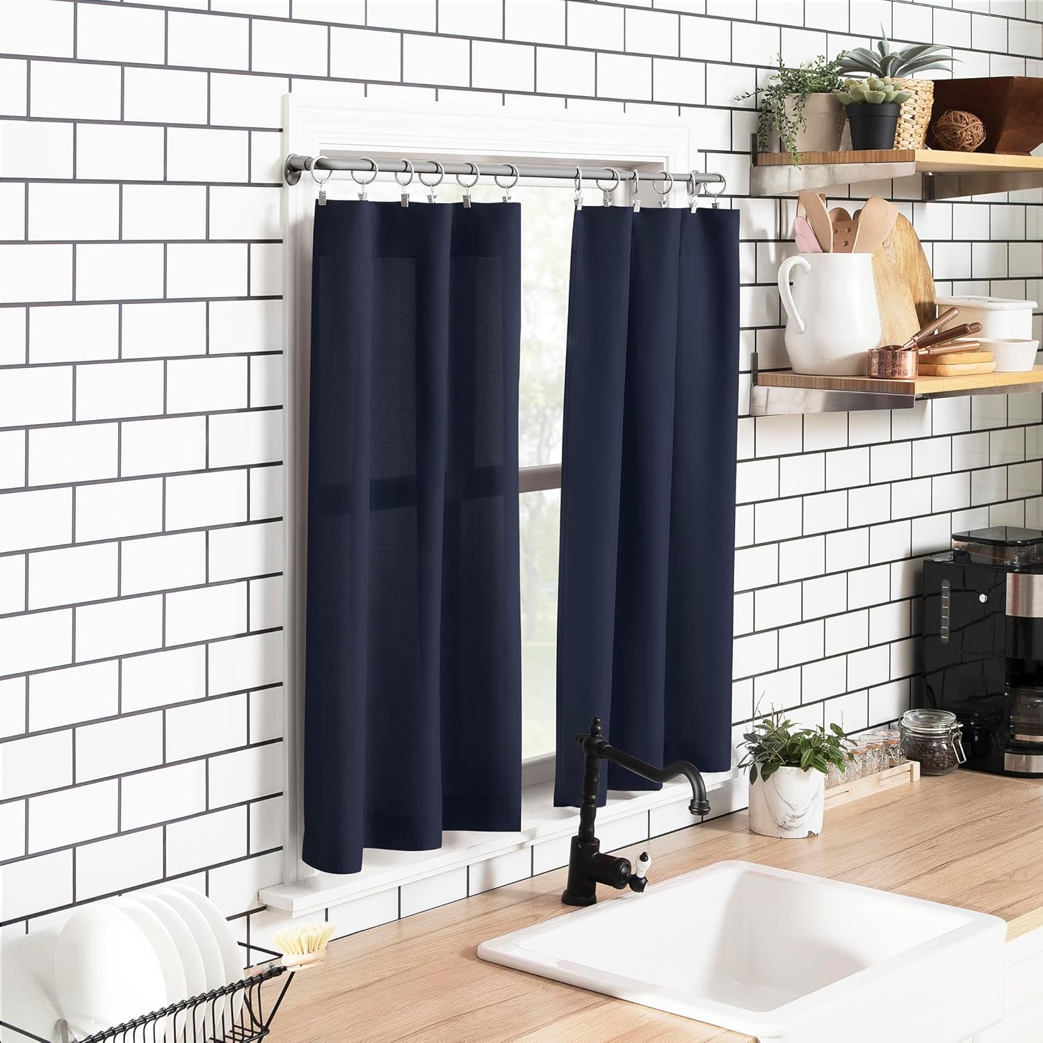No. 918 Martine Microfiber Semi-Sheer Rod Pocket Kitchen Curtain Valance and Tiers Set, 54" x 24", Navy Blue