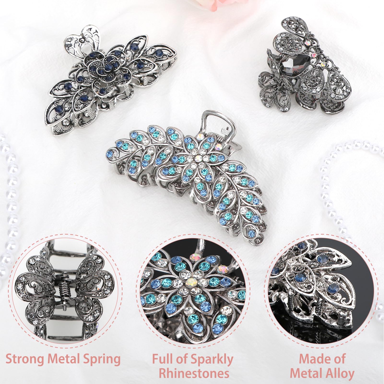 kilofly 3pc Vintage Crystal Hair Claw Clips Long Thick Hair Metal Clamps, Large+Large+Medium, 1 count (Pack of 3) - Image 3