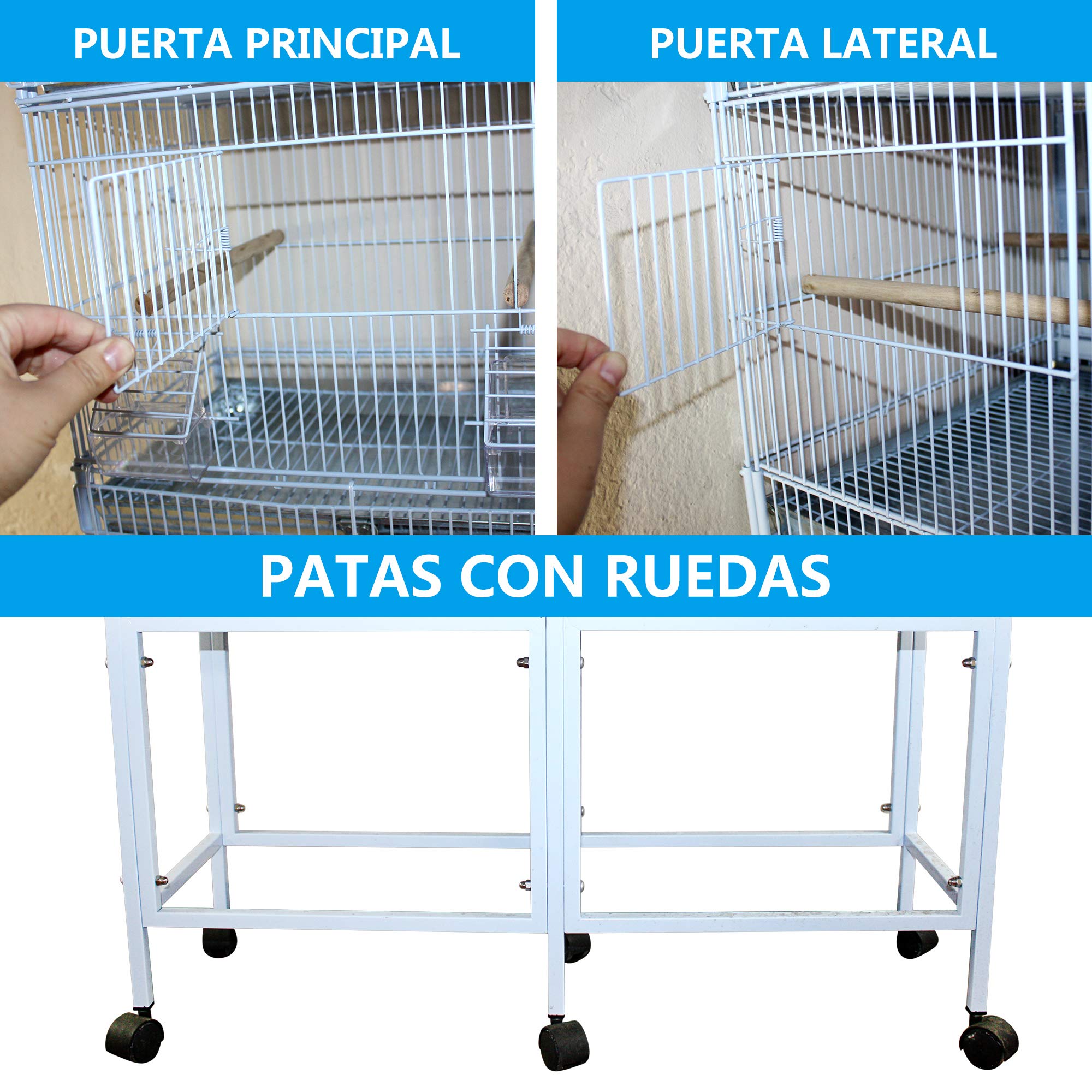 Jaula de Cría para Pájaros Jaula Grande de cría pequeñas Jaula de Aves Loro Canarios con Parque de Juegos Saltado Comedero con Ruedas Color Blanco (L-85 * 28 * 177CM)