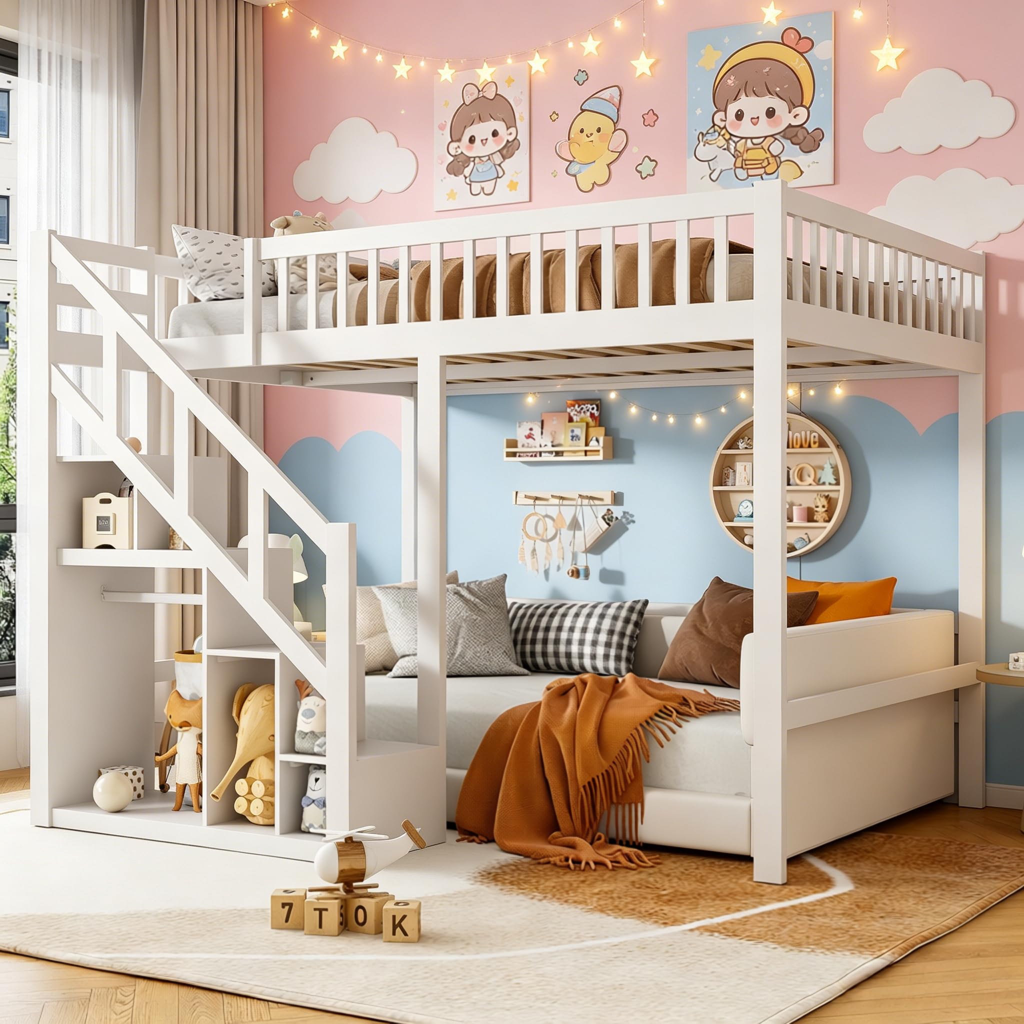 Cama alta de 140x200 cm con armario y escalera de madera blanca para niños