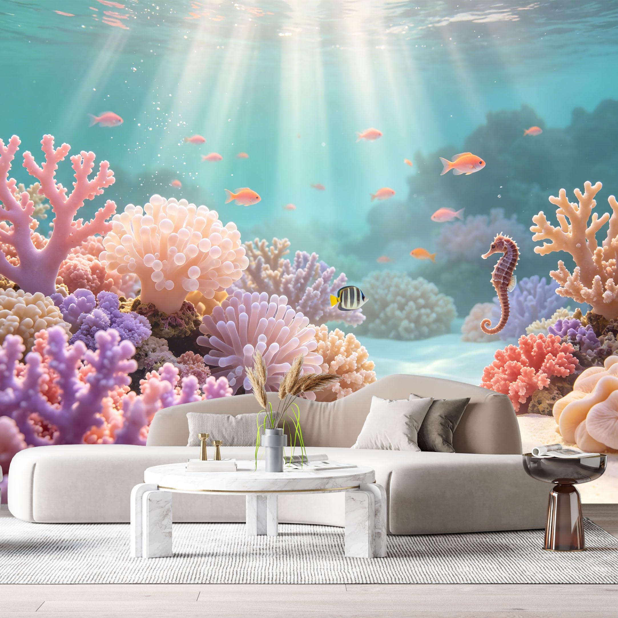 Custom Size Wall Murals Ocean Marine Tropical Coral Reef Seahorse Underwater 3D SelfAdhesiveWall Fabric Removable Wallpaper Wall Decor for Living Room Bedroom Bathroom