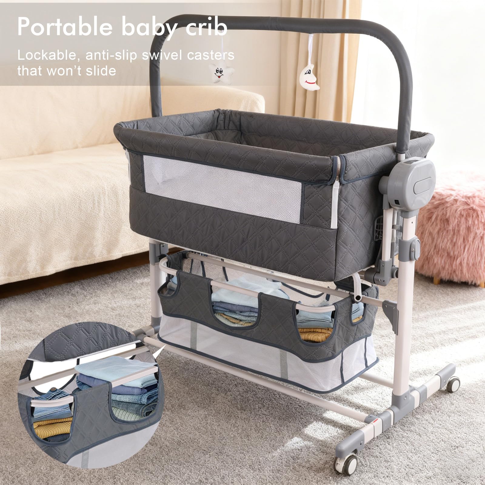 Culla Neonato Elettrica Bluetooth Smart Baby con Musica, Oscillazione parallela, Culla Pieghevole e Convertibile, Lettino per Neonati Regolabile con Telecomando e Ruote (608 Grigio)