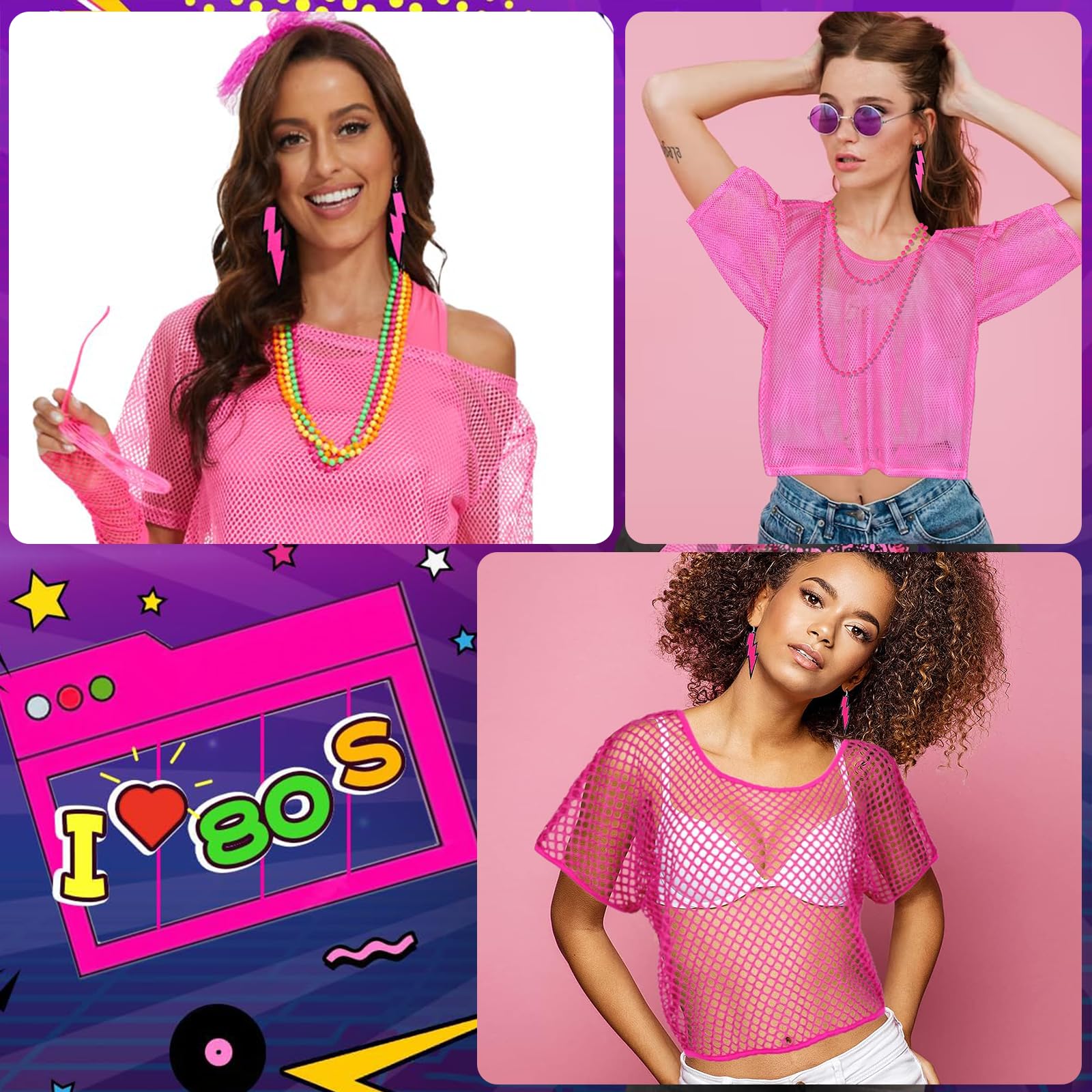 Deguisement Annee 80 Femme, Accessoire Annee 80 T-Shirt Résille Gilet, Déguisement Année 90 Neon Deguisement Disco, Costumes Neon Des Années 80 Pour Le Carnaval De Noël, Taille XL (Rose Rouge