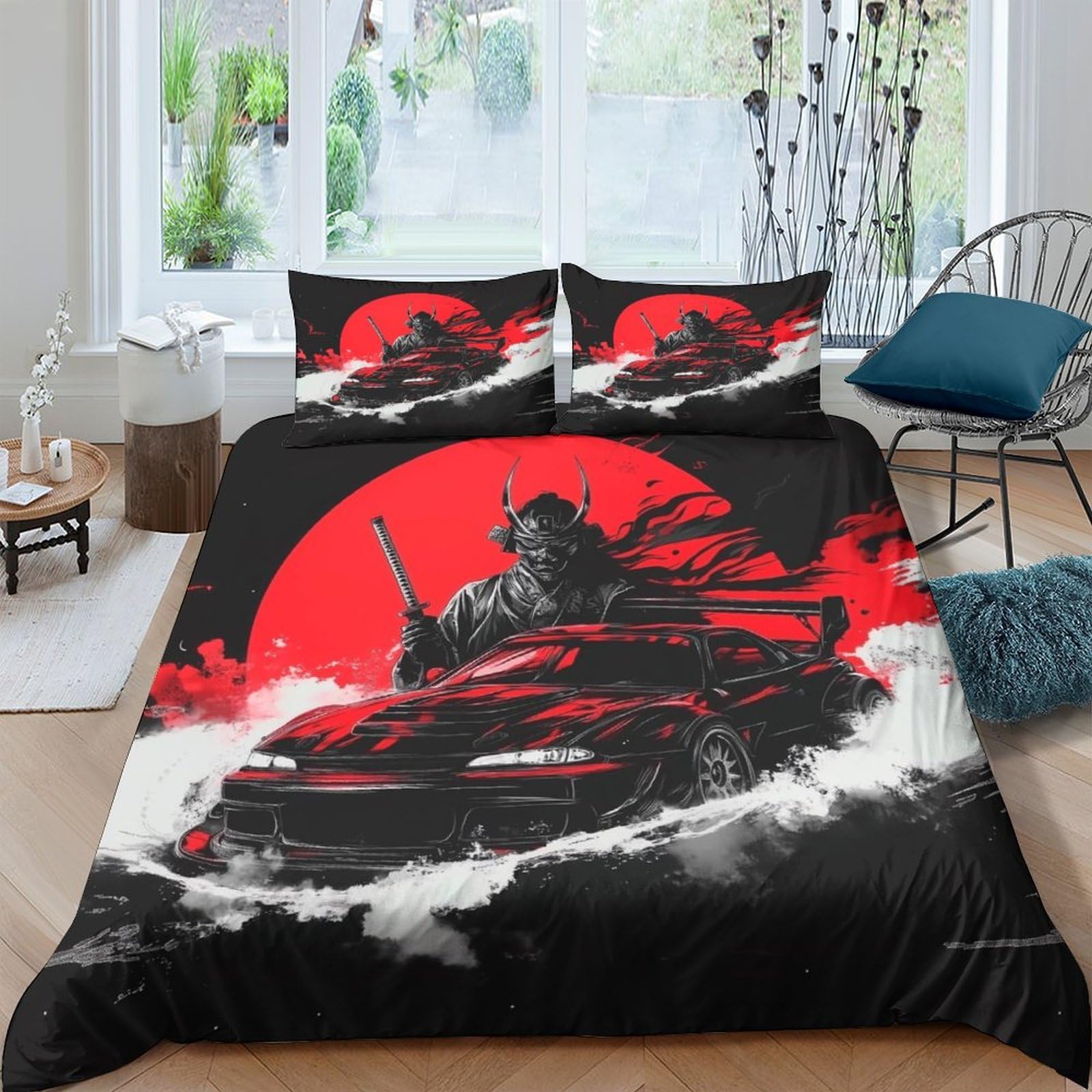 Ctjqhvkz Style-1 3D Printed Samurai Red Sun Fitted Sheet Microfiber Soft Breathable Japanese Car Bed Cover For Bedroom Guest Room Decor Single（135X200cm）