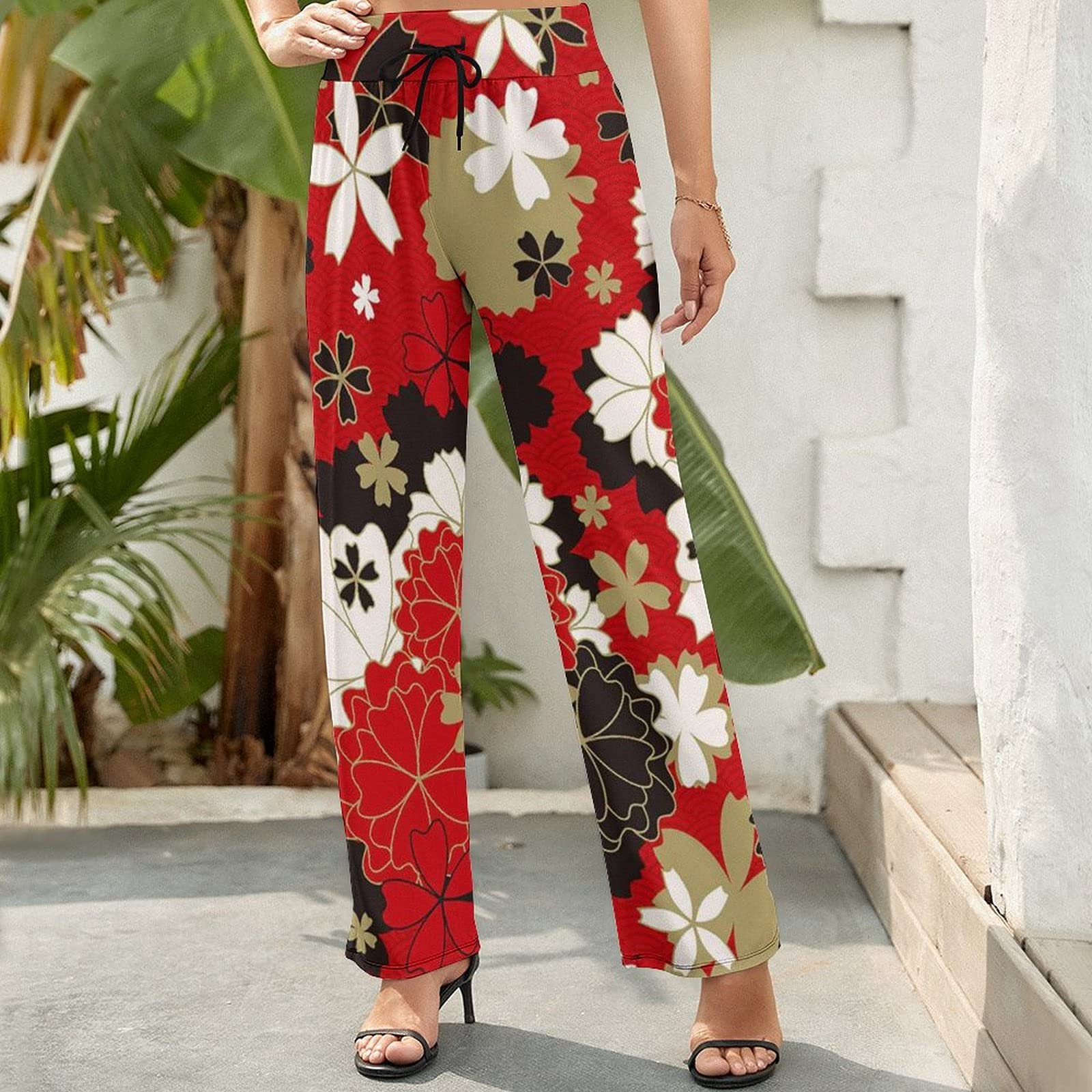 Amazon.co.jp: ワイドパンツ ロングパンツ レディース 和風 和柄 花 桜