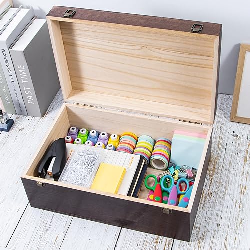 Miniatura 8 de Caja de almacenamiento de madera con tapa con bisagras y cierre frontal, caja de almacenamiento de madera grande de 14 x 9.4 x 5.9 pulgadas, cajas