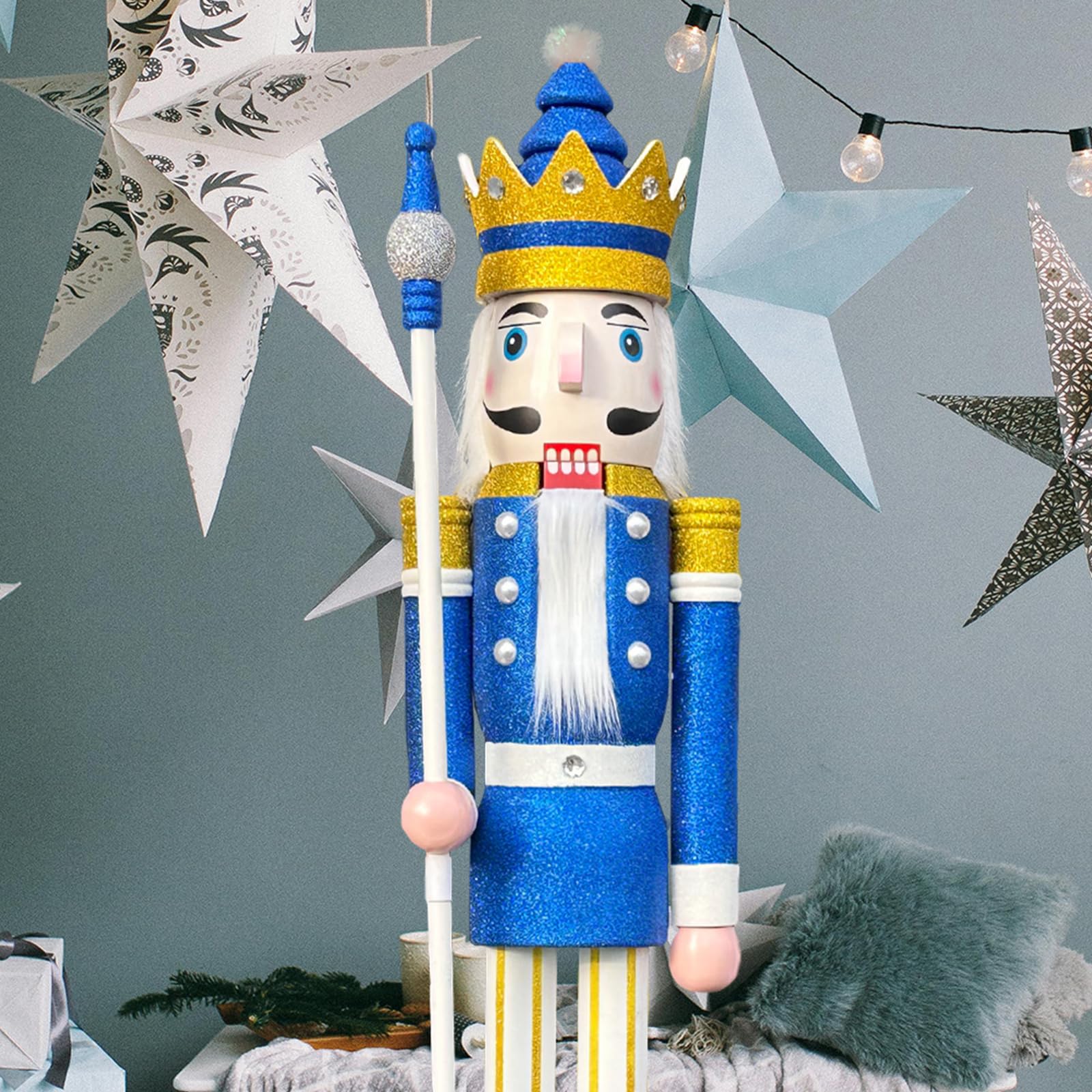 CDL 150cm 60" 5Ft Tall Life-Size Large/Giant Blue Glitter Christmas King On Stand Holds Golden Scepter For Indoor Outdoor Xmas/Event/Wedding Decoration(5 Feet, King Blue K33)