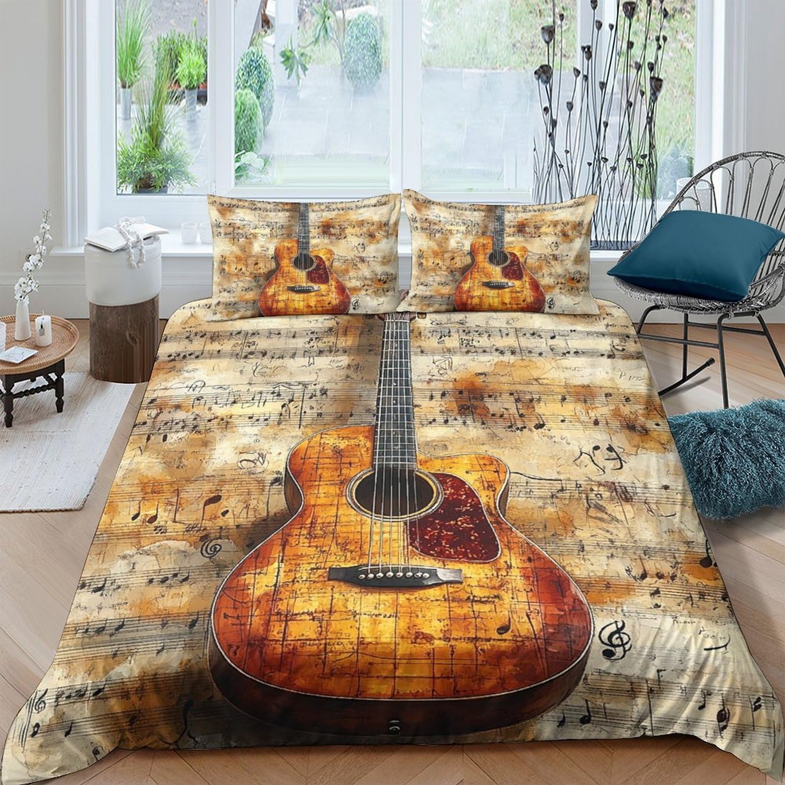 Ctjqhvkz Style-7 3D Printed Vintage Guitar Fitted Sheet Microfiber Soft Brown Artistic Music Bed Cover For Bedroom Dorm Decor Single（135X200cm）