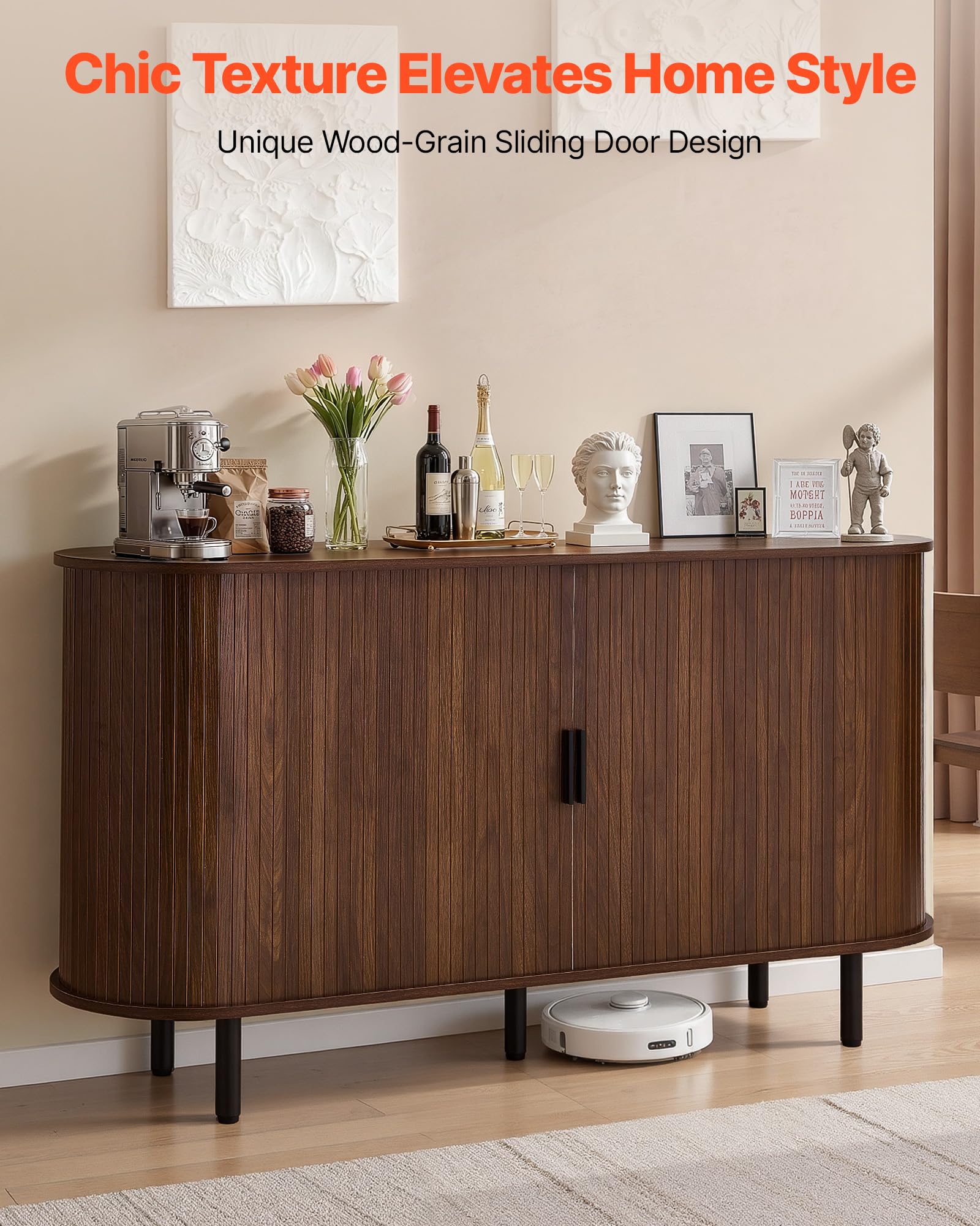 VEVOR Armadietto Organizzatore da Salotto con 2 Ante Scorrevoli, Credenza in Stile Medievale per Soggiorno, Ingresso, Mobile Contenitore da 140 x 40 x 75 cm, Credenza da Cucina in Noce