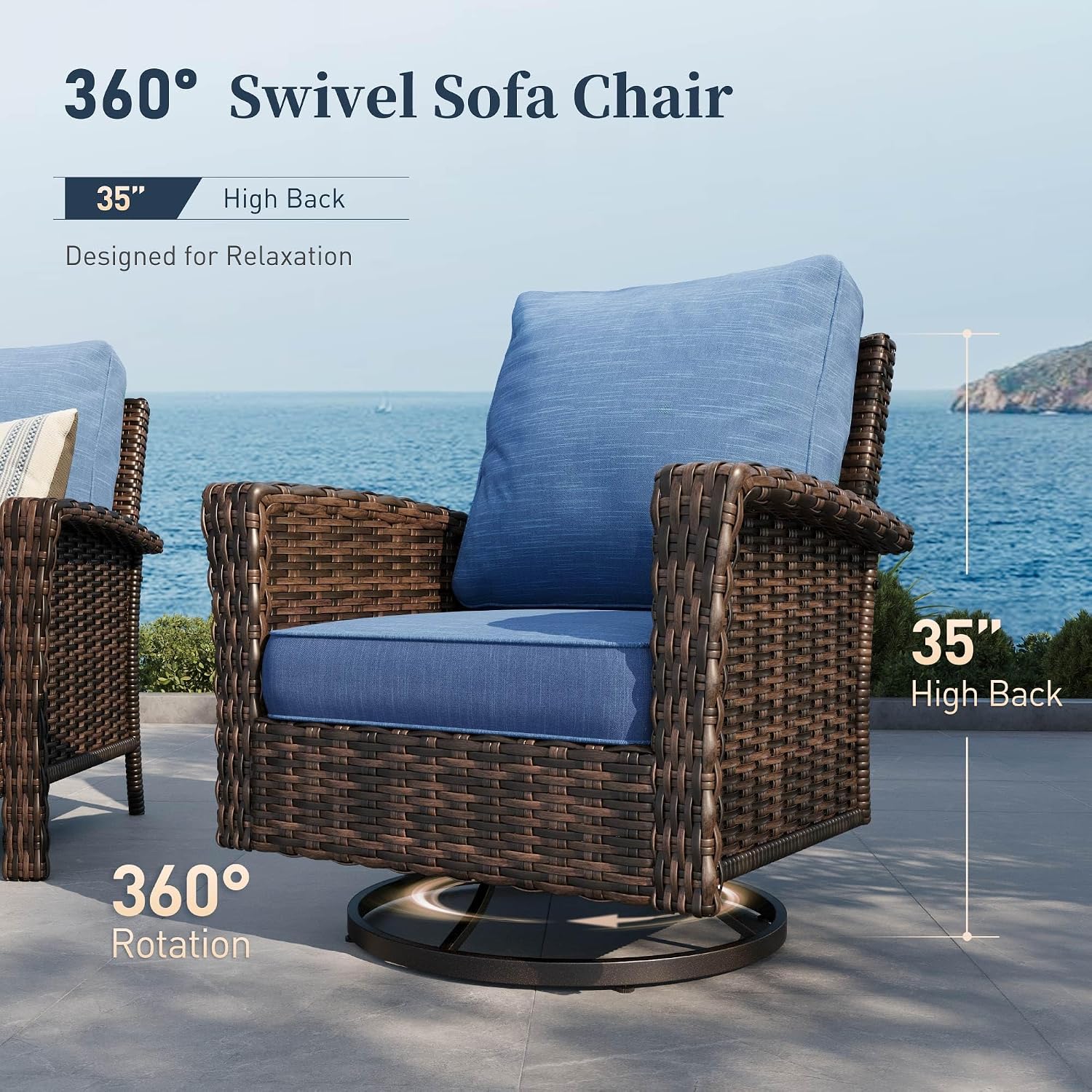 SUNSHINE VALLEY 6 Piece Patio Furniture Set with Swivel Chairs, High Back Wicker Rattan Sofa with Extra Thick Cushion, Coffee Table and Ottoman, Outdoor Conversation Set for Backyard Deck, Blue