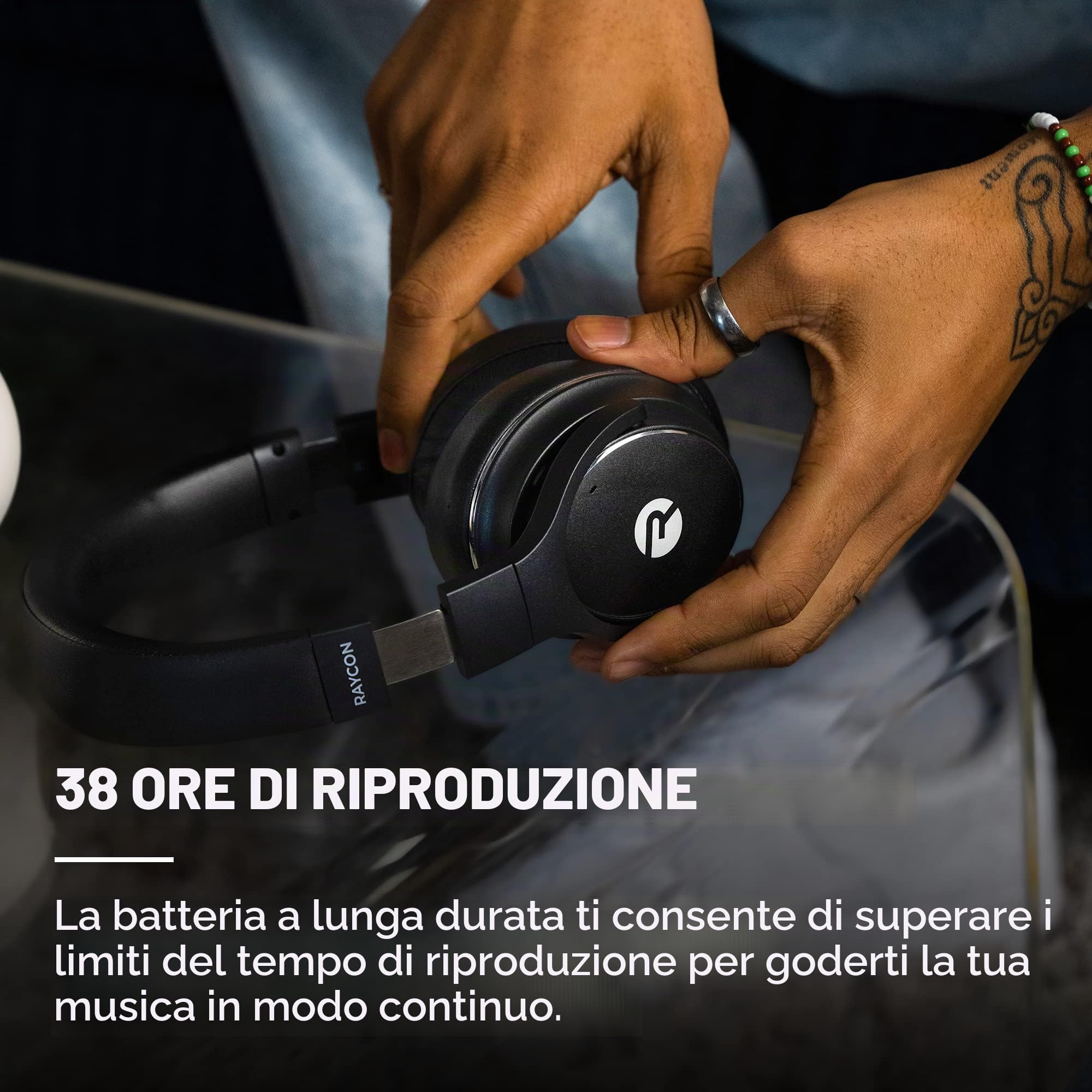 Raycon Le Cuffie Over-Ear Wireless Bluetooth Everyday, con cancellazione Attiva del Rumore, modalità di sensibilizzazione e Microfono Integrato, IPX 4 (Nero)