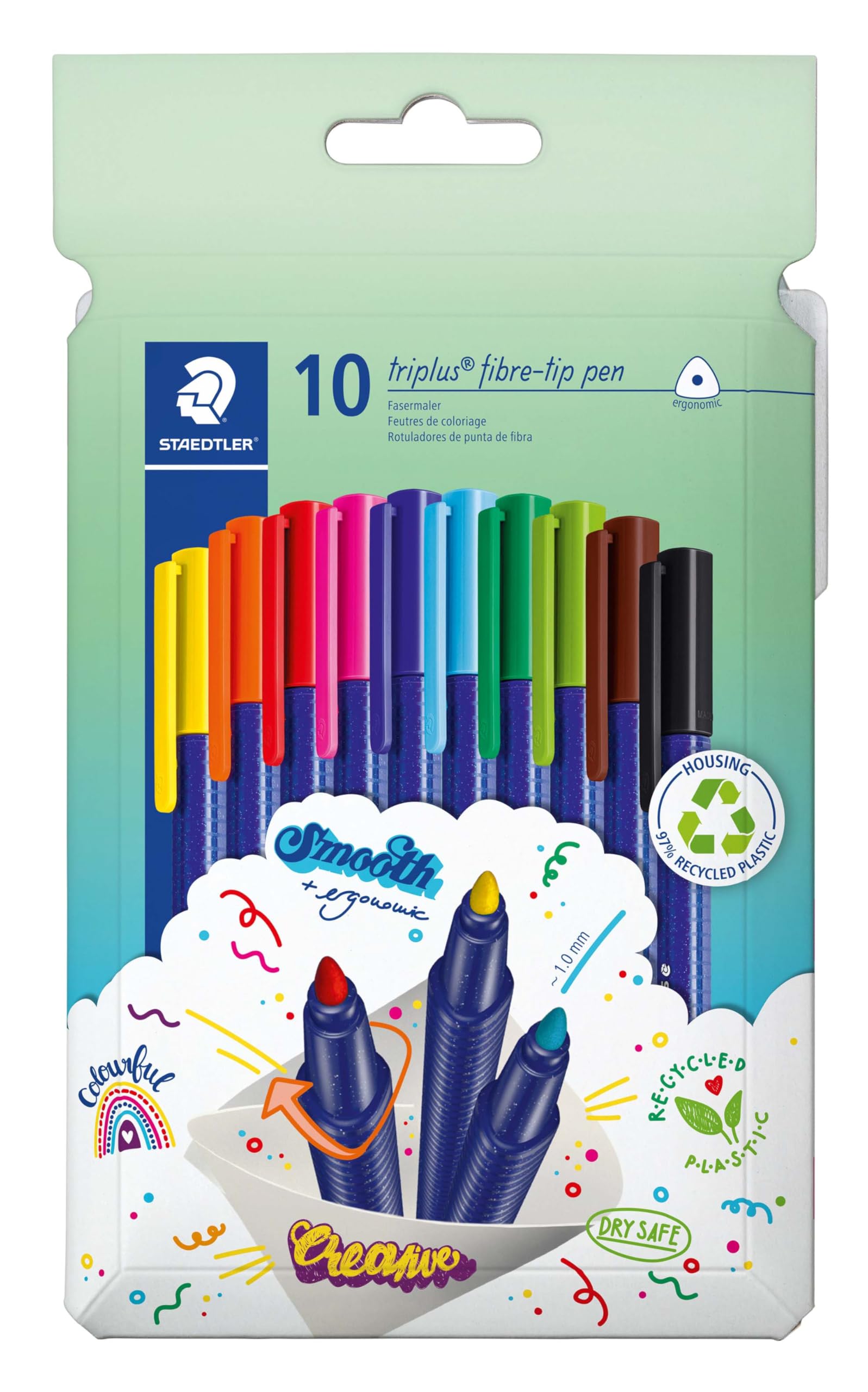 Staedtler Feutres triplus color, forme triangulaire ergonomique, pointe stable de 1,00 mm, Dry Safe, corps en polypropylène, cap