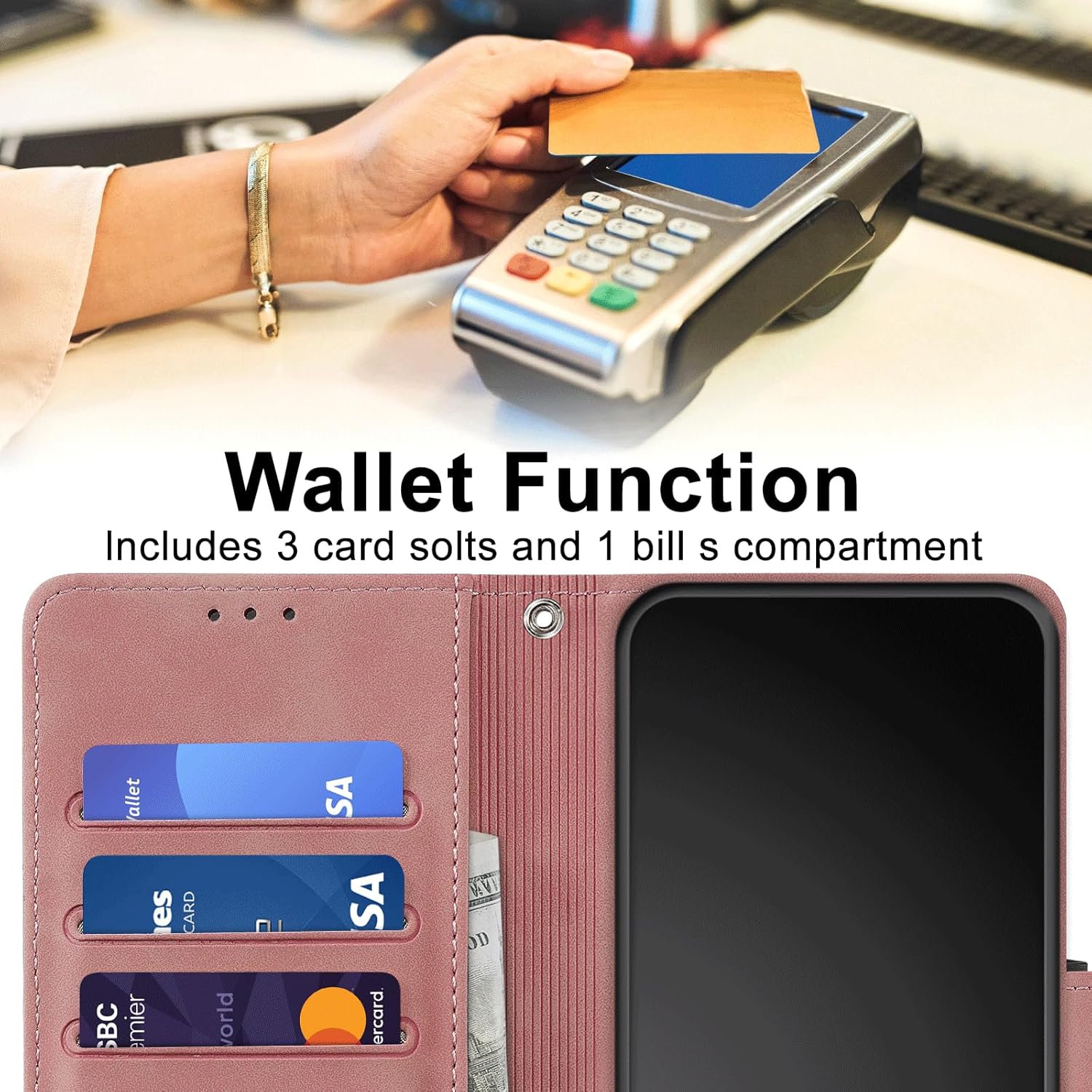 for iPhone 15 Pro Max Wallet Case with Card Holder, RFID Blocking Credit Slots Kickstand Shockproof Phone Cover Fit for iPhone 15 Pro Max Phone Case Pink - Image 6