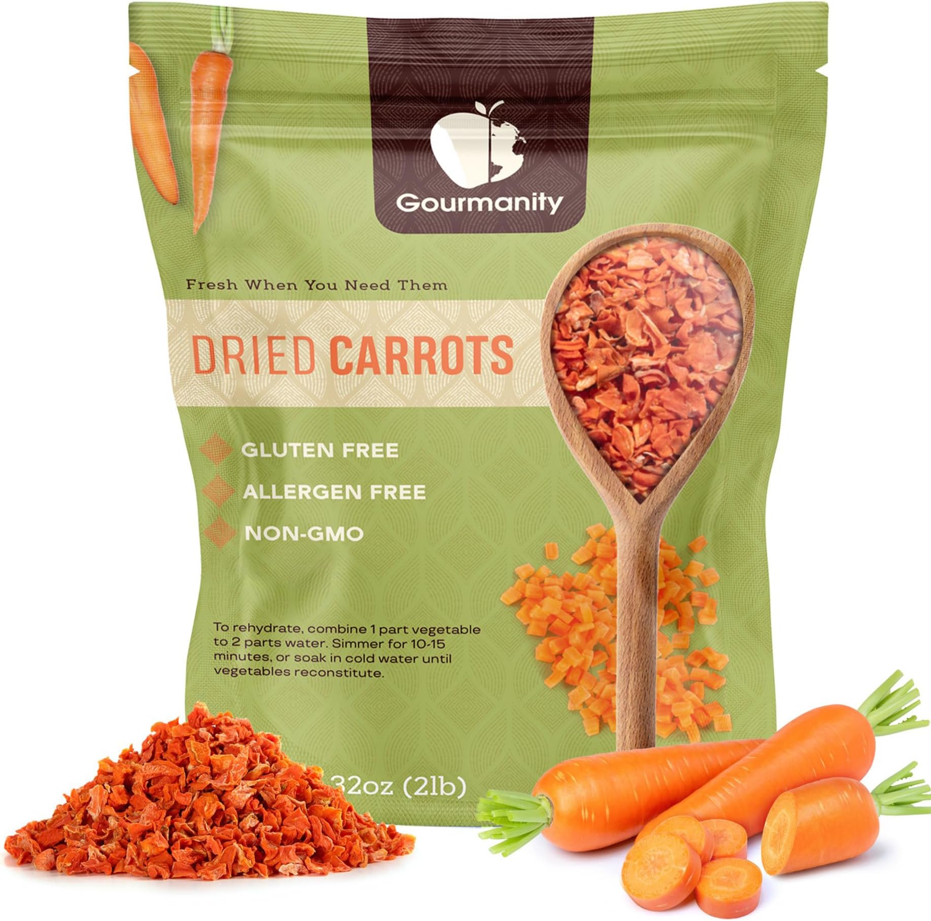 Gourmanity Dried Carrots, Premium Quality Shredded Carrots, Fresh-Tasting and Easy to Use, Adds Flavor, Color and Texture to Soups, Stews and Ramen, All Natural, 2lb/32 oz Resealable Bag
