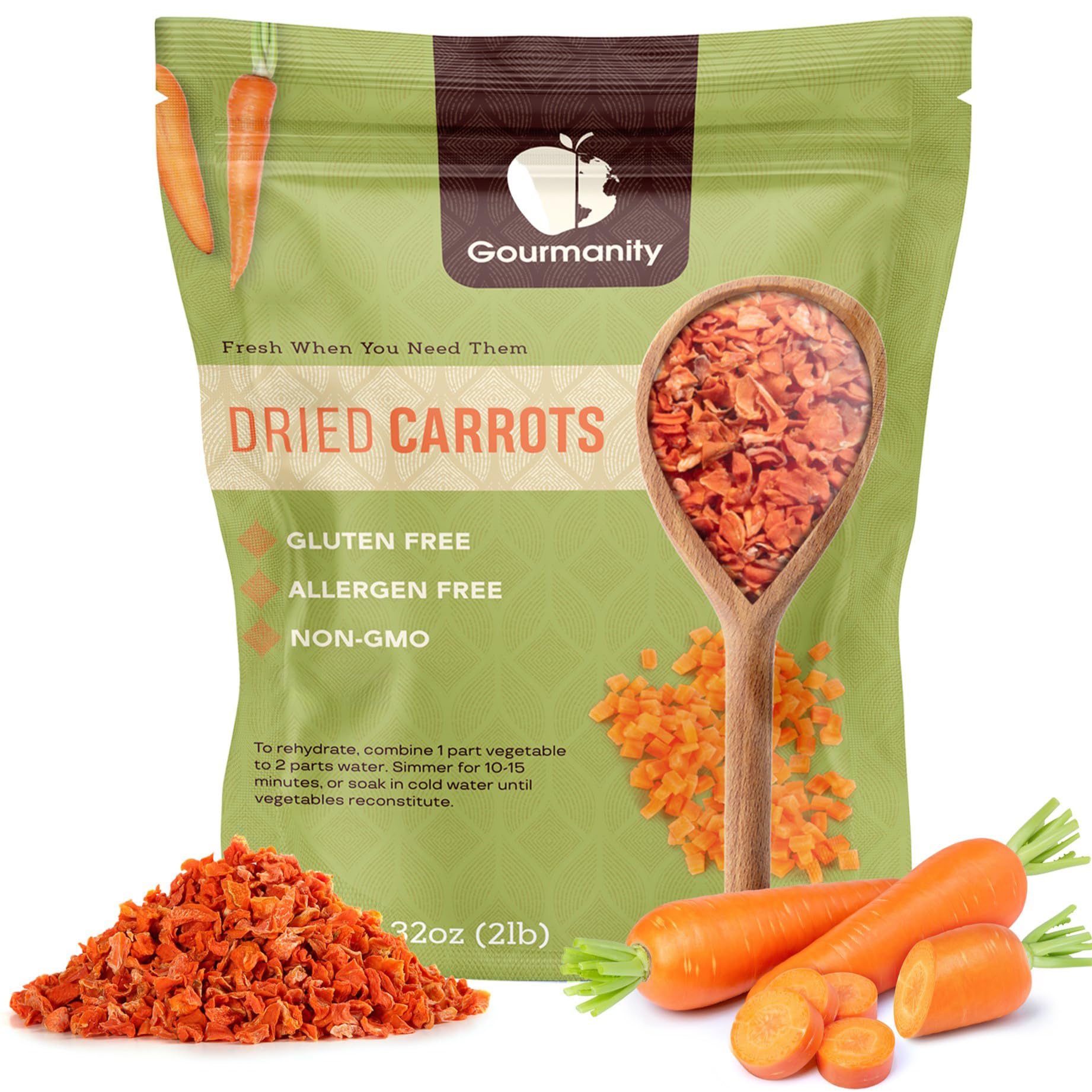 Gourmanity Dried Carrots, 32oz Resealable Bag, Fresh-Tasting and Easy to Use, Adds Flavor, Color and Texture to Soups, Stews and Ramen, All Natural