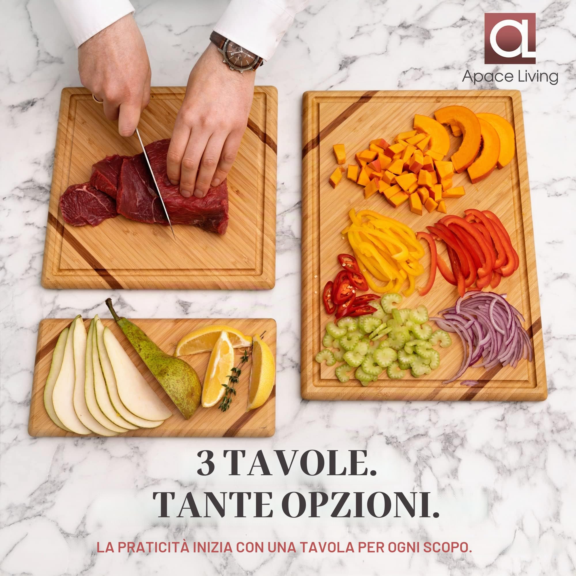 Tagliere da Cucina Chorus in Legno di Bambù con Scanalatura Raccogli Liquidi (Set da 3) – Lussuosi Taglieri da Cucina in Legno Naturale per Affettare Carne (Battilardo) (Premium Chic Bamboo)