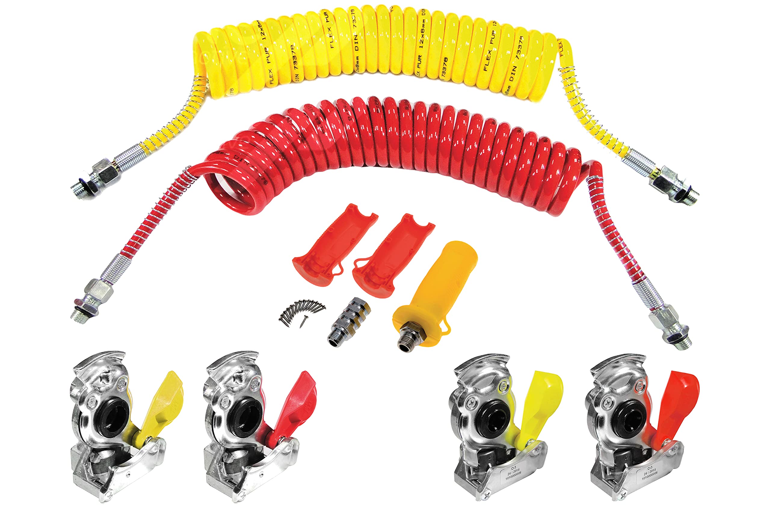 Ryme Automotive Kit Freno Aire Camión Remolque, 2X Serpentines Aire Pur M16x1,5 Rojo y Amarillo 5M con Cabeza Acoplamiento Automaticas y Manuales. Manetas Incluidas