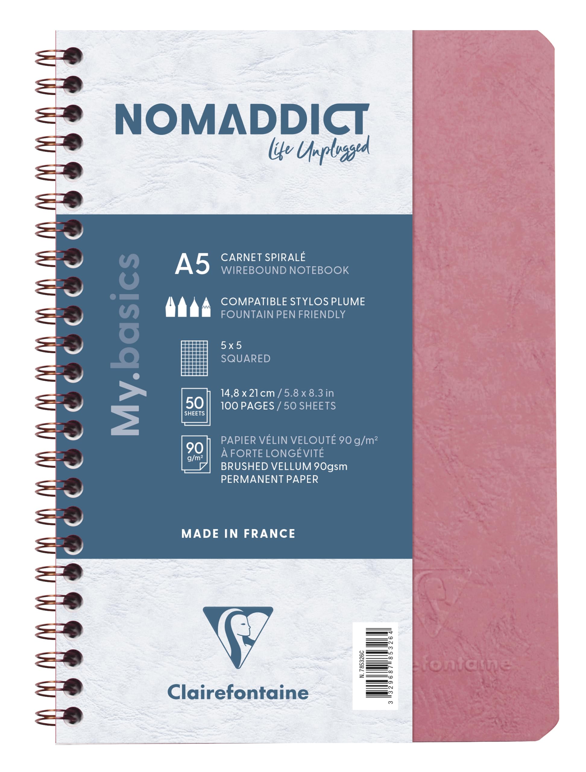 Clairefontaine 785326C Collection Age Bag Antique Pink Spiral Notebook - A5 14,8x21 cm - 100 Small Squared Pages - 90 g White Paper - Glossy Leather Card Cover