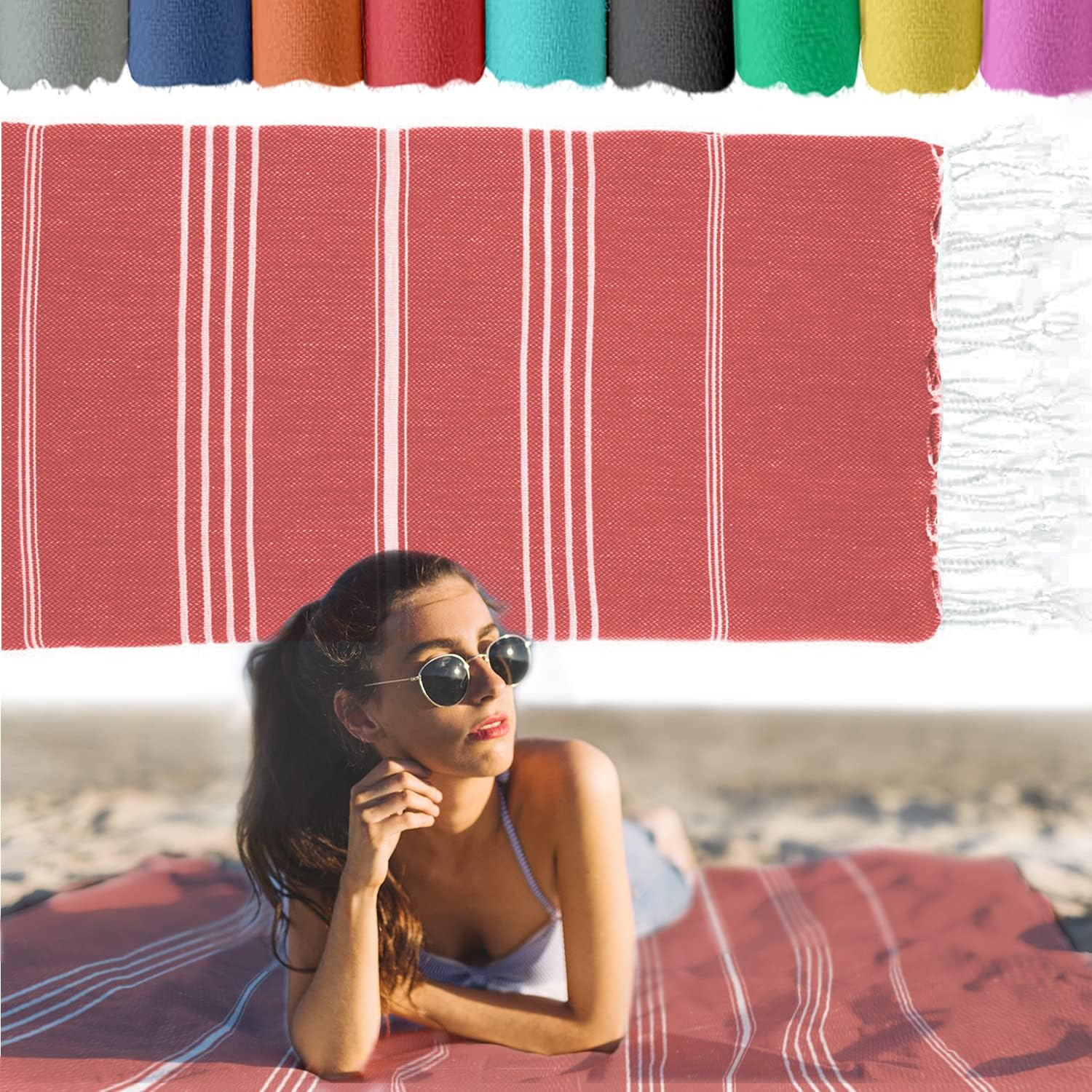 Viventive Turkish Beach Towel 37 x 70 Inches - 100% Cotton - Soft and Quick-Dry Sand Free Sand Proof - Thin Lightweight Large Oversized Turkish Towel for Women, Beach Body, Bathroom, Travel, Gym, Red