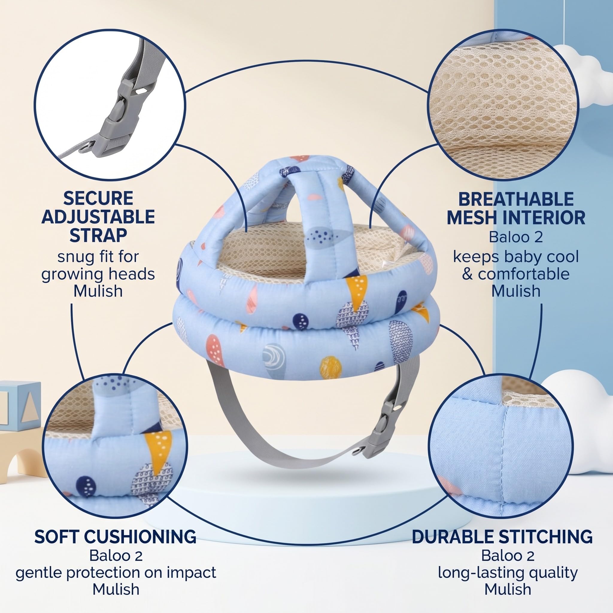 Casco Neonato Primi Passi Regolabile Sicurezza Bambini 6-24 mesi Anticaduta Traspirante (blu)