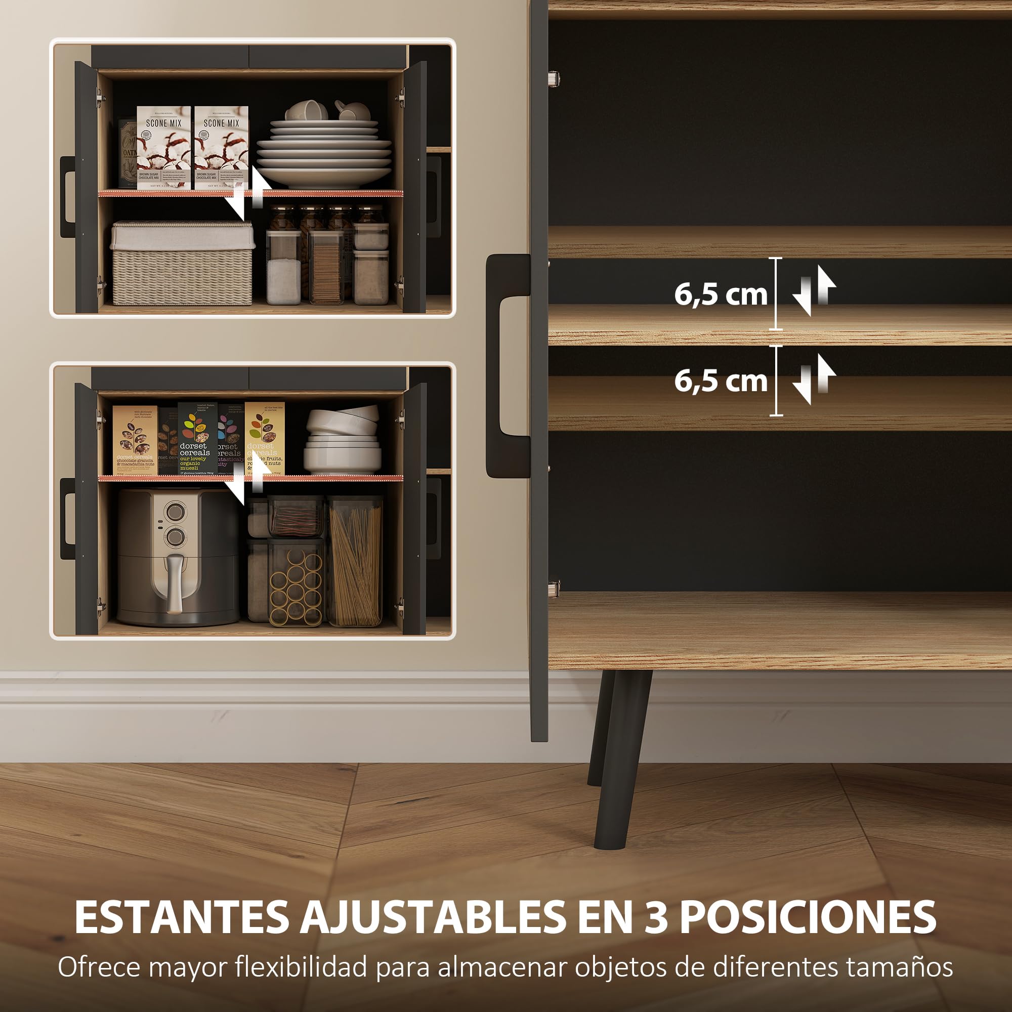 HOMCOM Meuble d'appoint de cuisine haut avec lumières LED RVB avec 6 portes, 2 tiroirs, plan de travail et trou pour câbles, style moderne noir et chêne 100 x 40 x 176 cm
