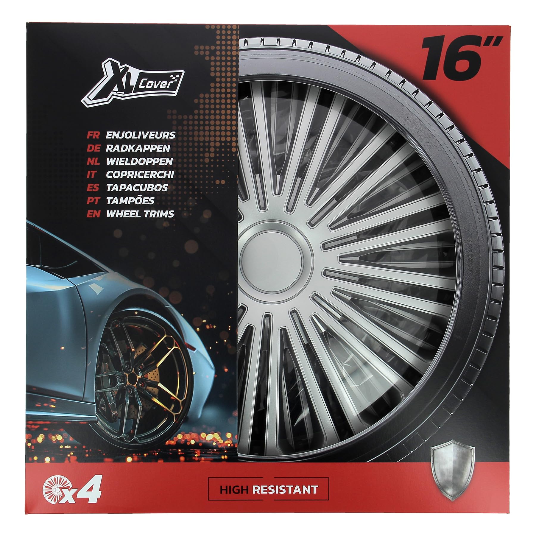 Set 4 Copricerchi Auto 16 pollici Argento Tipo Alluminio - Anello Metallico Regolabile - ABS Resistente Universali