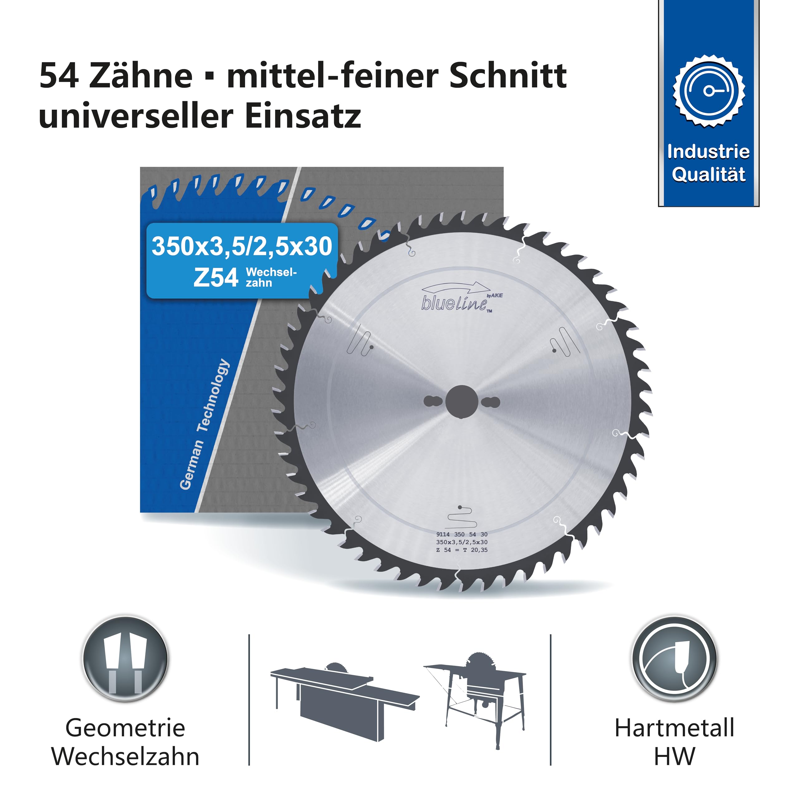 AKE blueline Kreissägeblatt | 350x30 Z54 Wechselzahn, Hartmetall | mittel-feiner Schnitt | für Holz, Holzwerkstoff, Holzwerkstoff beschichtet | auf Formatkreissäge, Tischkreissäge