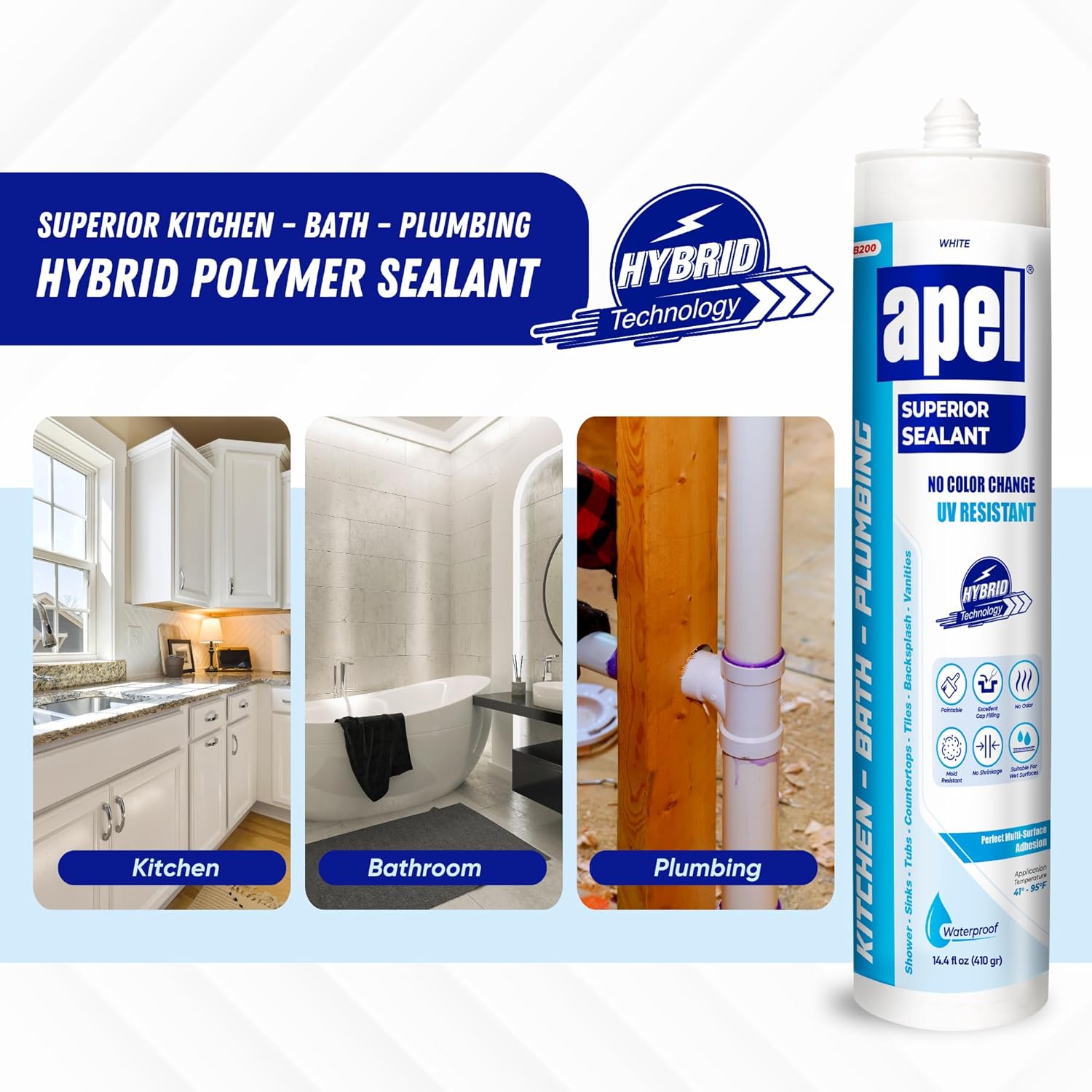 apel KB200 Hybrid Superior Sealant – Paintable Hybrid Polymer Silicone Caulk, for Kitchen, Bath, and Plumbing, Perfect Multi Surface Adhession, Waterproof, White, (12x14.4 fl oz) - 12 Pack