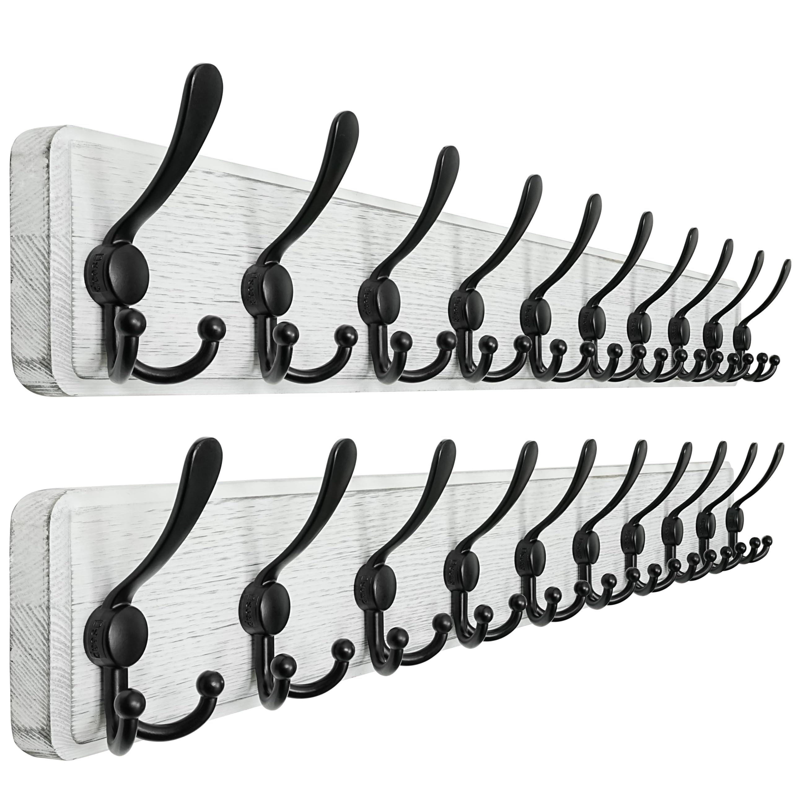 Dseap Coat Rack Wall - Heavy-Duty 97cm Long, with Reinforced 10 Custom Tri-Hooks, Solid Wood Wall Hanger for Coats Hat Jackets - Rustic Farmhouse Entryway Storage, White & Black, Pack of 2