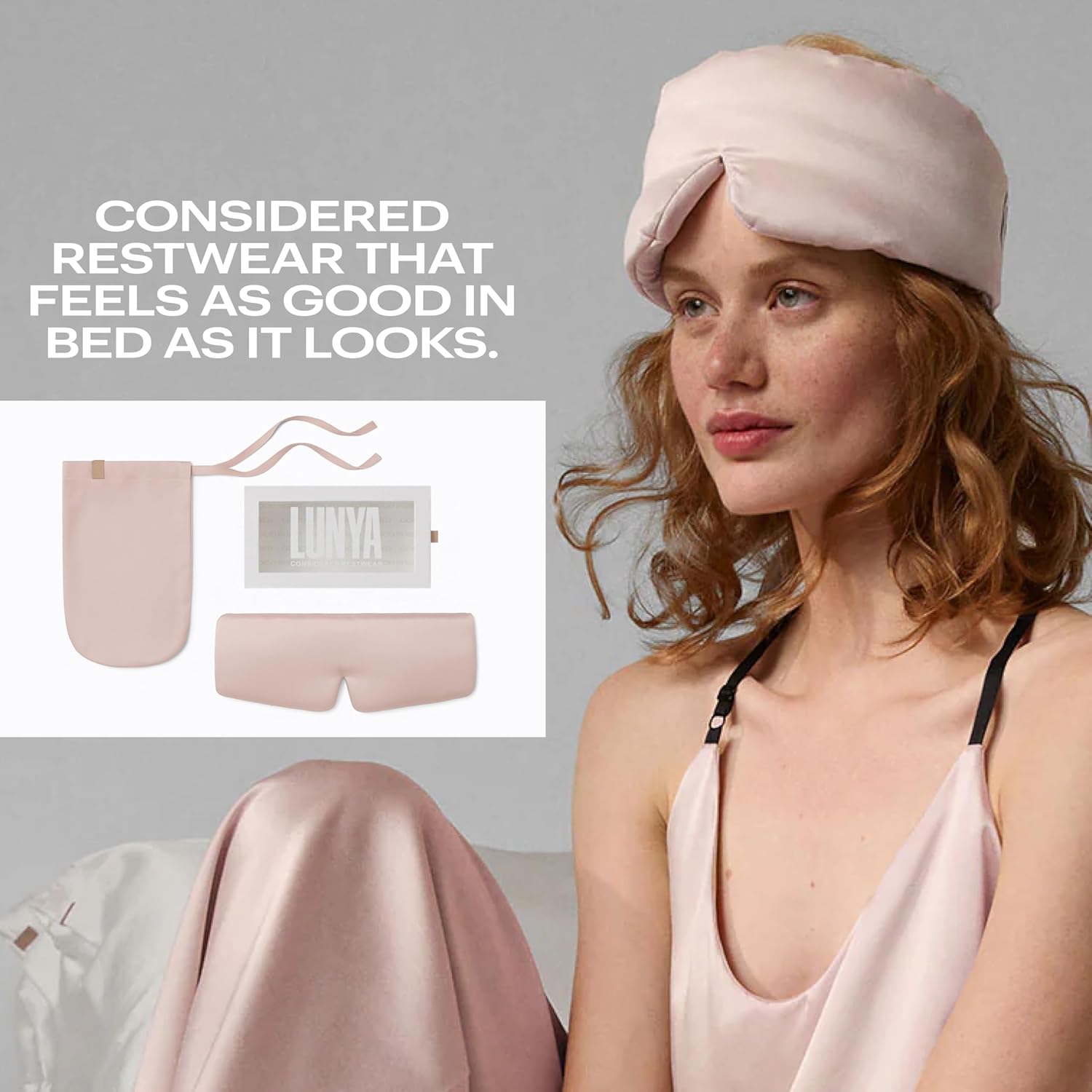 Lunya Washable Silk Sleeping Mask - Thermoregulating Mulberry Silk, Light Blocking and Comfortable Fit – Sleep Mask for Women and Men with Box - Delicate Pink - Large