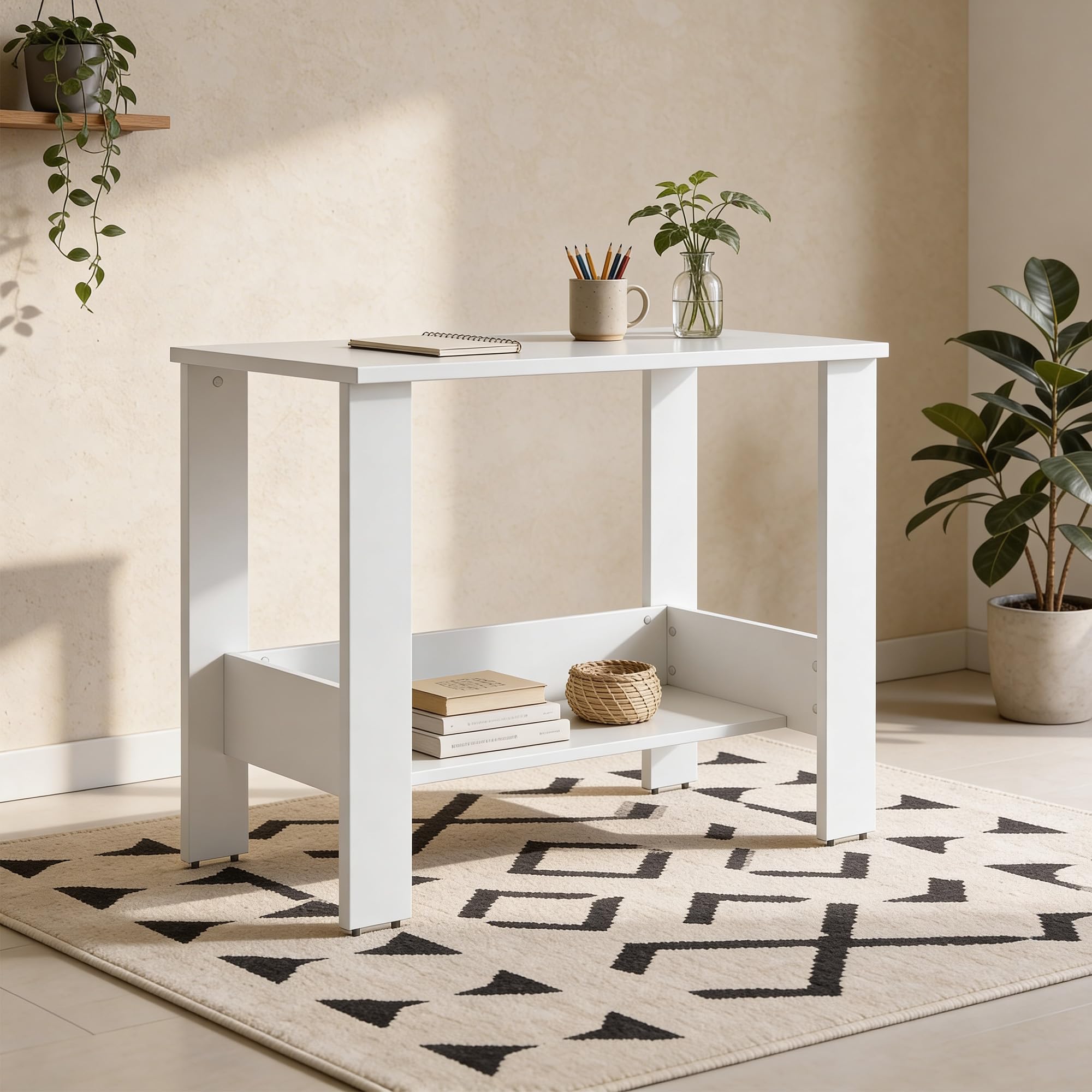 Green Soul Indus Study Table, Engineered Wood, Hidden Book Shelf, 90cm Wide, White