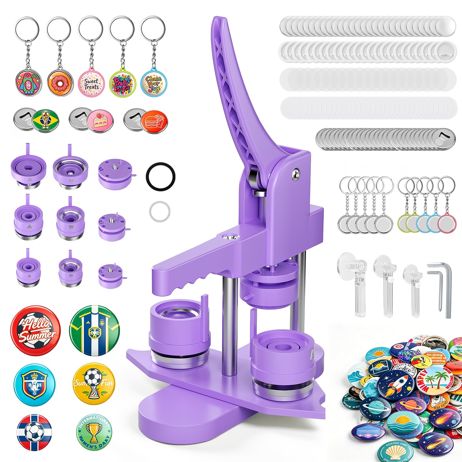 Machine à Badges de 25+32+58 mm, Button Maker 300 Ensembles de Badges en Plastique, Zimiking Machine de Pressage de Badges avec 10 Décapsuleurs, 10 Porte-clés, Moules et Découpe-Papiers Ronds (Violet)