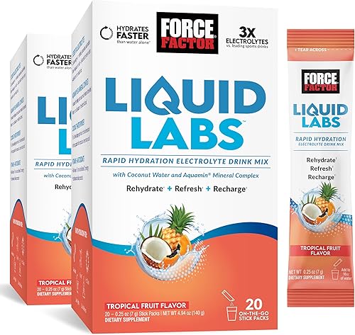 FORCE FACTOR Liquid Labs - Electrolitos en polvo, paquetes de hidratación para hacer agua de electrolitos con 5 electrolitos esenciales, vitaminas y