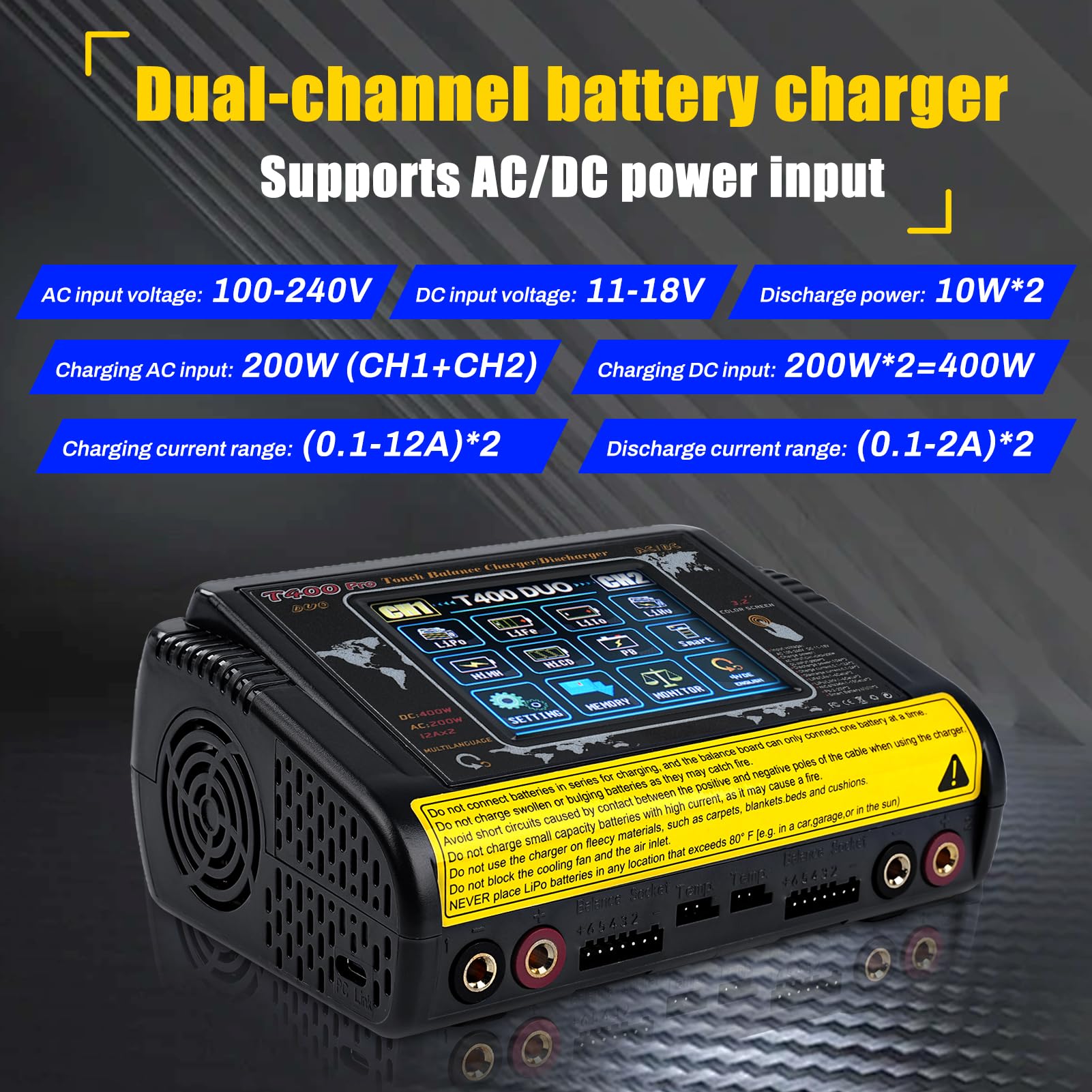 Caricabatterie lipo RC Batteria equalizer Ricarica doppia DC/AC 11-18V 400W 100-240V 200W Rilevamento Auto LiPo/Lilon/Life/NiMH/NiCd/PB/NiMH Touchscreen LCD 3,2 pollici 12A (T400)