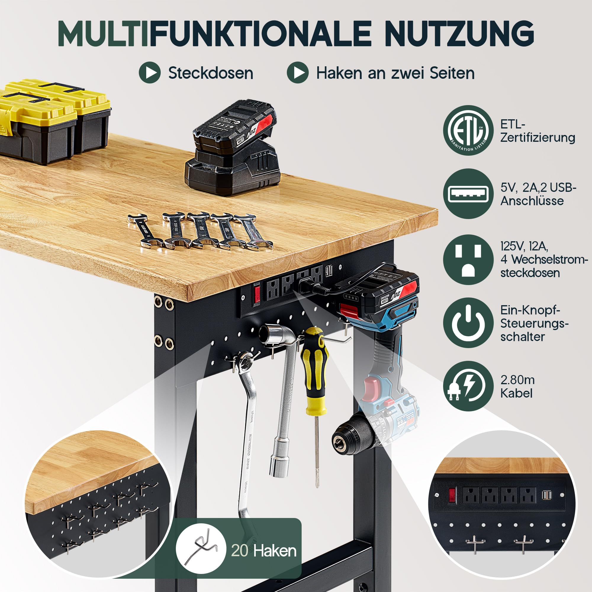 LUXOAK 183x61 cm höhenverstellbarer Werkbank mit Steckdosen, 2722 kg belastbare Holzwerkbank mit Haken, massiver Gummiholz-Arbeitsplatte für Garage, Werkstatt, Holzbearbeitung und Home-Office
