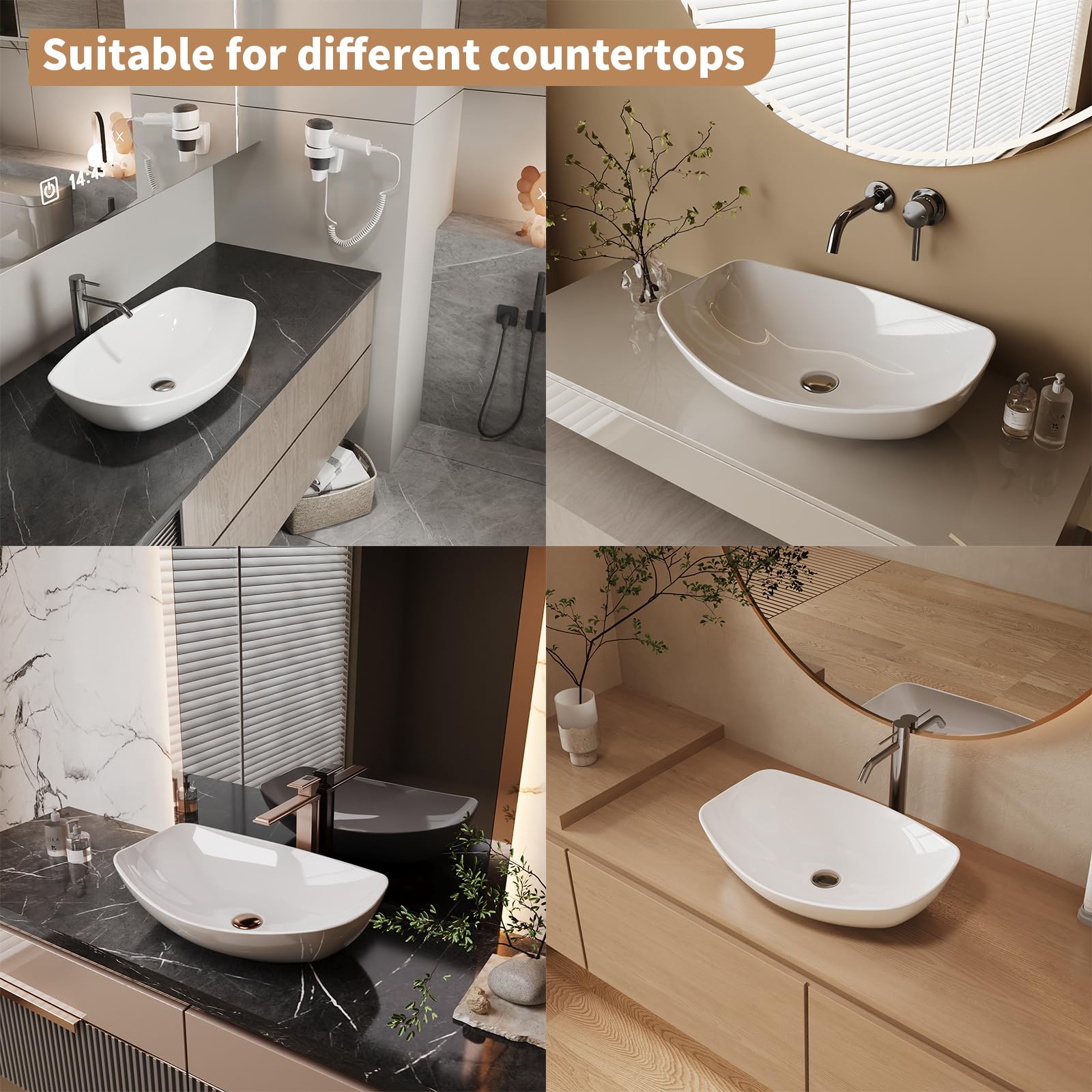 Oval Bathroom Vessel Sink With Faucet -16"x13" Black White Marble