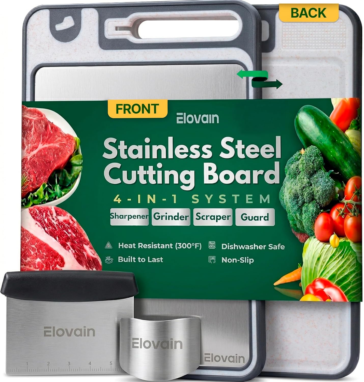 Stainless Steel Cutting Board, 15x10 Inch, 2-in-1 Double Sided Chopping Board, 304 Food-Grade Steel & Wheat Straw, Knife Sharpener, Bench Scraper & Finger Guard, Dishwasher Safe, 3 Piece Set