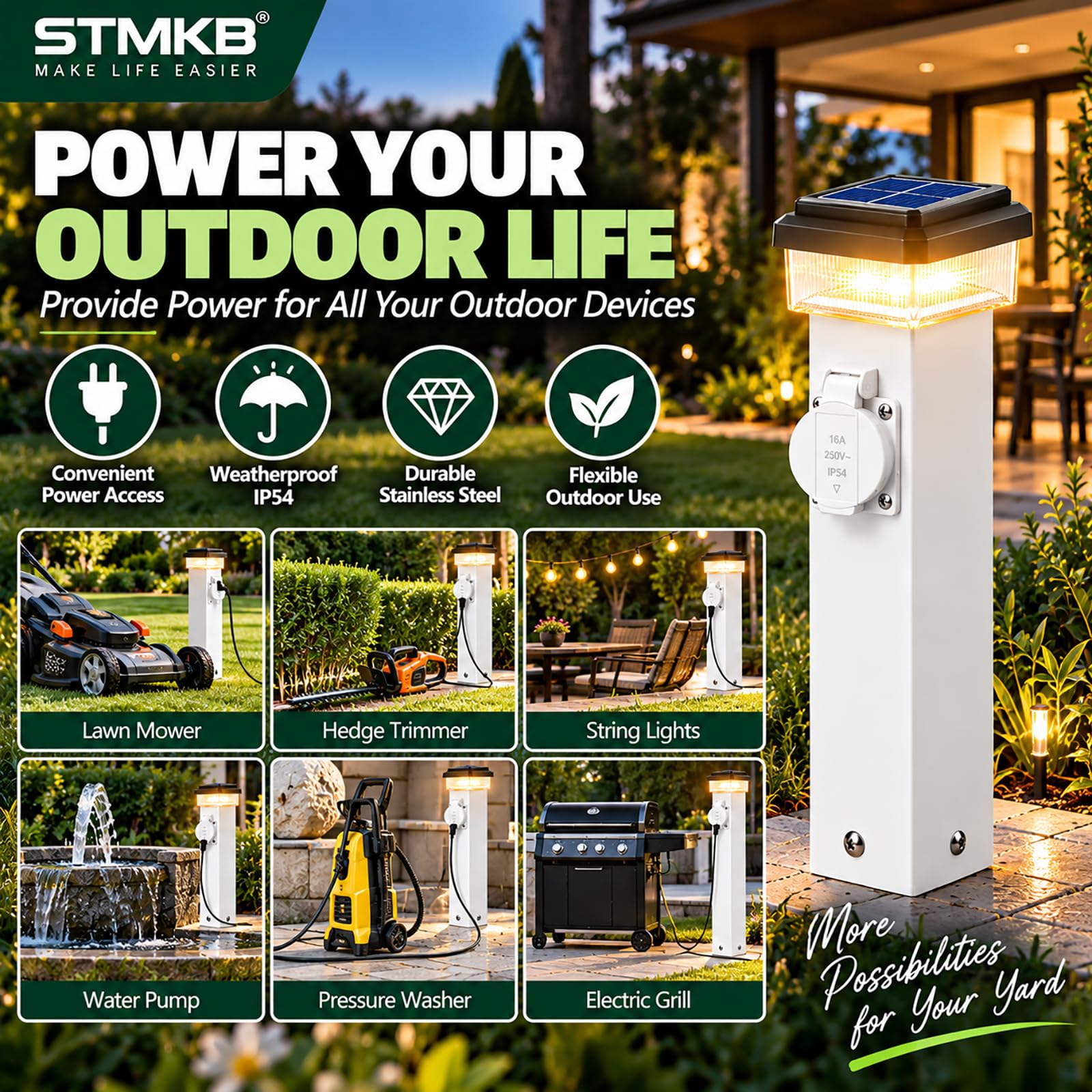 Poste De Luz Solar para Exteriores, 1 Toma De Corriente, Pedestal Eléctrico Impermeable Ip54 para Jardín, Patio Y Terraza.
