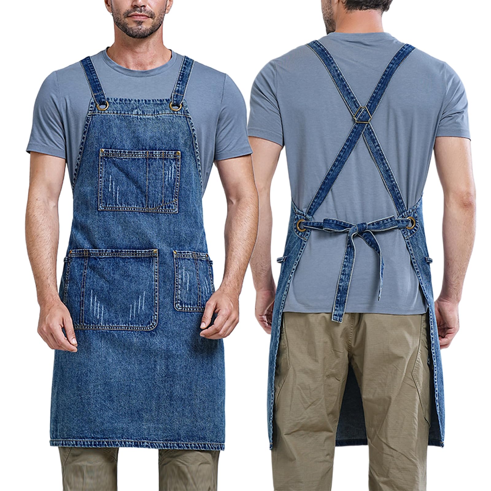 Tablier Coiffeur Tablier De Cuisine Tablier De Travail avec Poches pour Homme Et Femme Bretelles Réglables pour Barbecue, Restaurant, Jardin, Barbecue, Café Blue,One Size