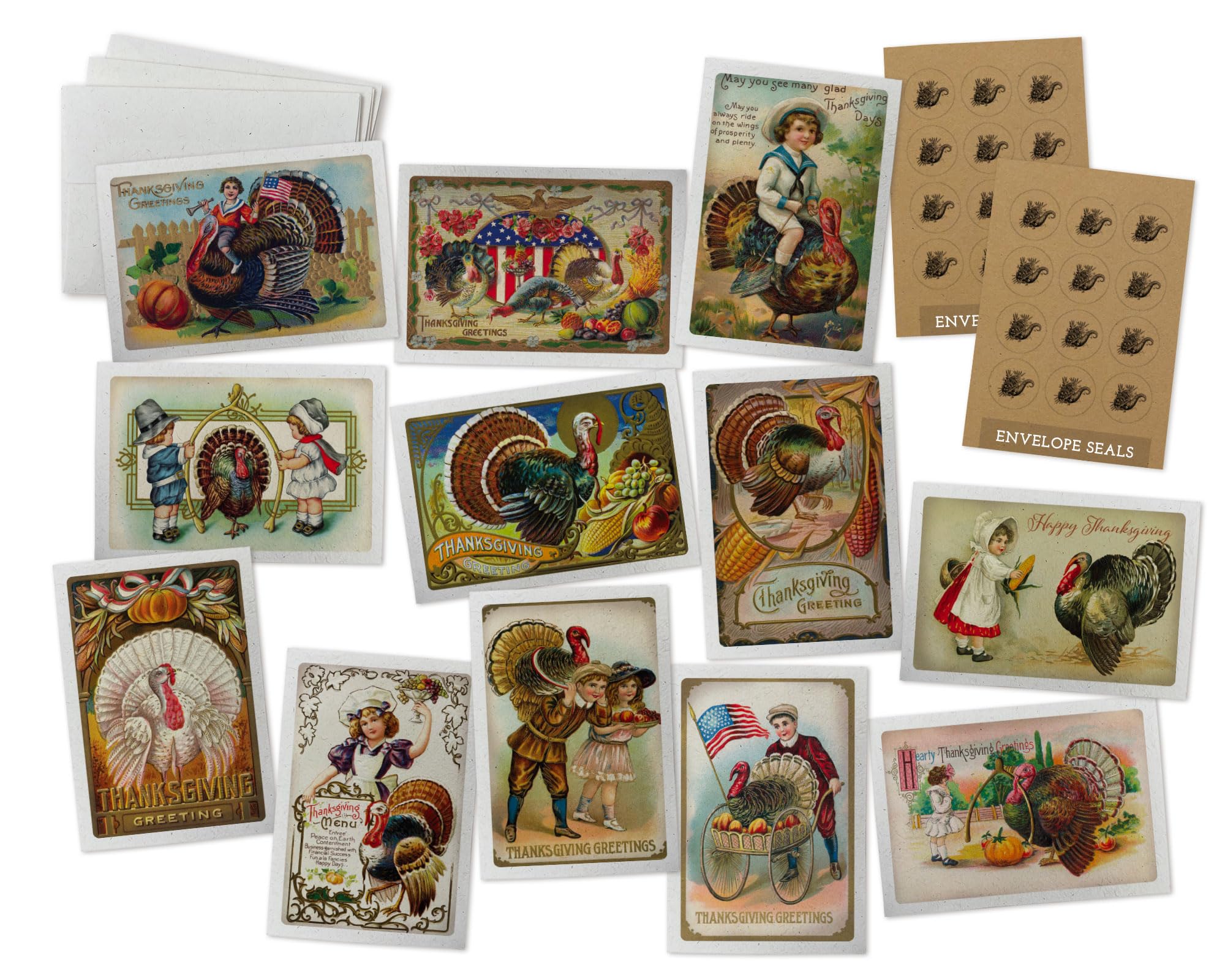 Vintage Thanksgiving Turkey Note Cards - 24 Antique Thanksgiving Cards with Envelopes & Vintage Sticker Seals - Assorted Retro Book Illustration Cards