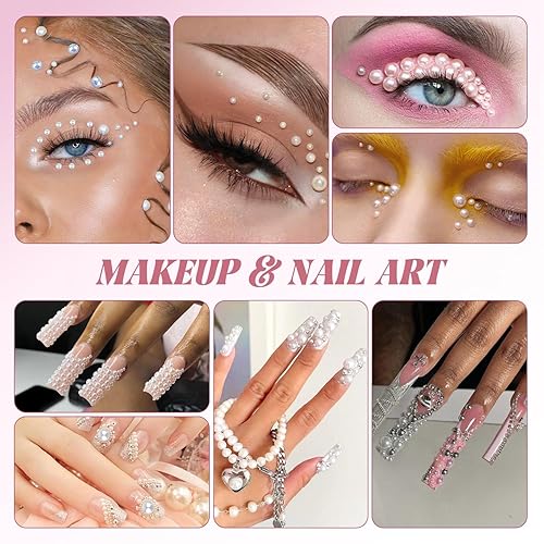 Miniatura 5 de 80g de perlas planas y diamantes de imitación para manualidades, negro y blanco de tamaño mixto 3-10mm, diamantes de imitación de resina y medias