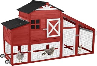 GUTINNEEN Chicken Coop with Wheels, Chicken Run Outdoor Wooden Hen House 65" with Large Nesting Box, Poultry Cage with Removable Tray, UV Proof Roof, Red