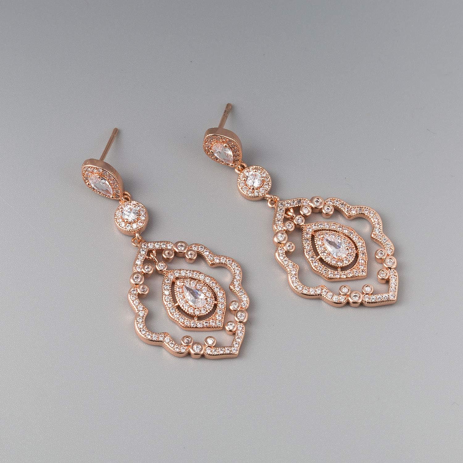 SWEETV Chandelier Wedding Earrings Rose Gold Bridal Earrings for Women Brides-Art Deco Drop Dangle Earrings - Image 5