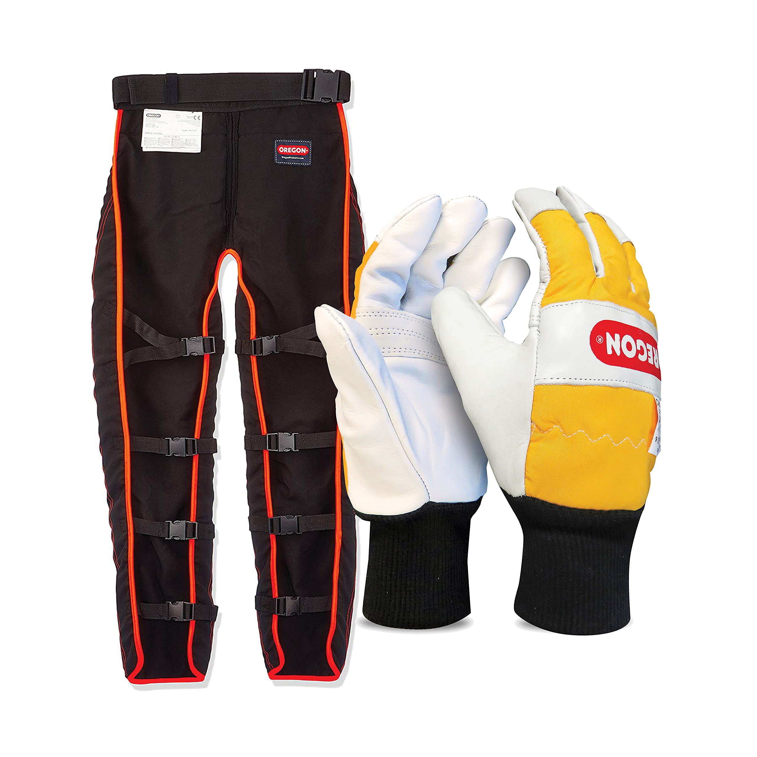 Oregon 575780 - Perneras anticorte para motosierra + Guantes de Seguridad para Cortar con Motosierra, Piel - 1 Par (M)