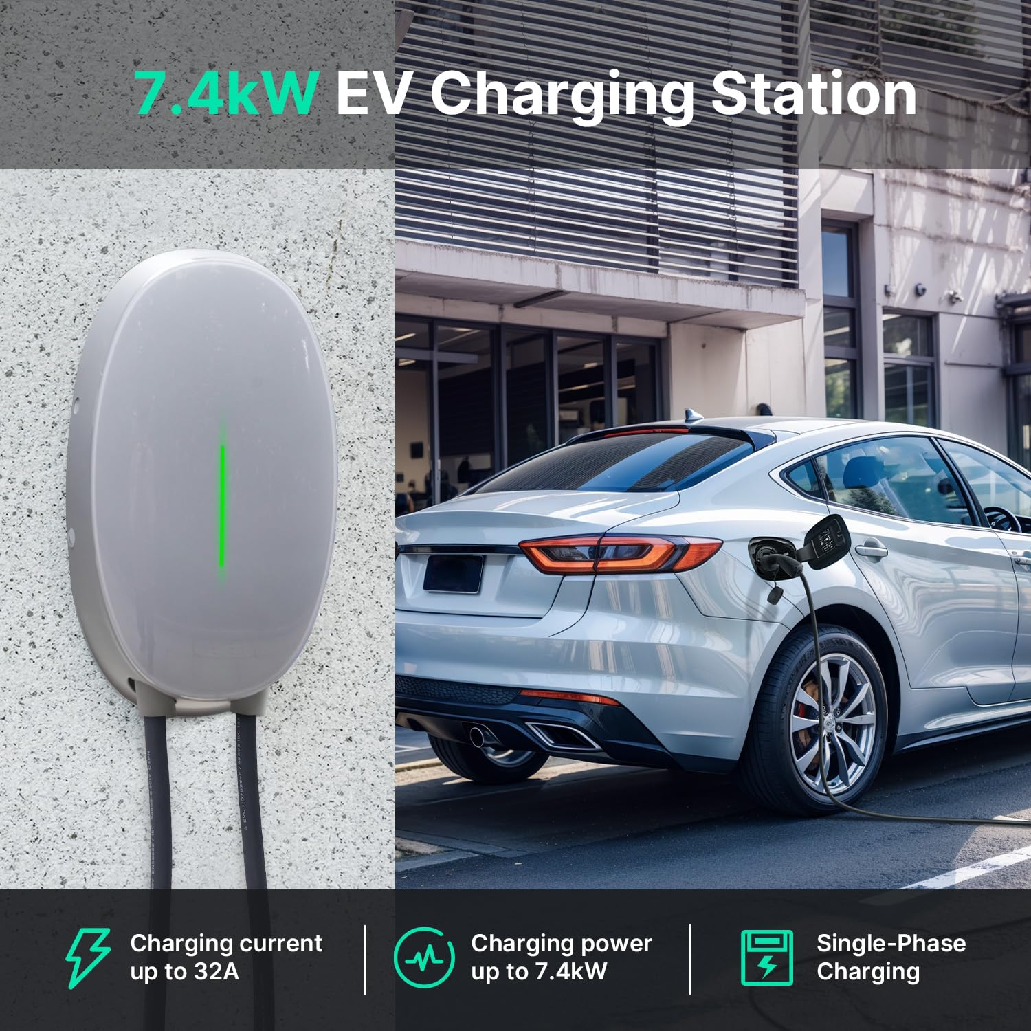 Wallbox 7kW Type 2 Station de Recharge Voiture électrique, Monophasé 32A Chargeur Rapide véhicules électriques avec câble 6M, Norme Européenne IEC62196-2, IP66