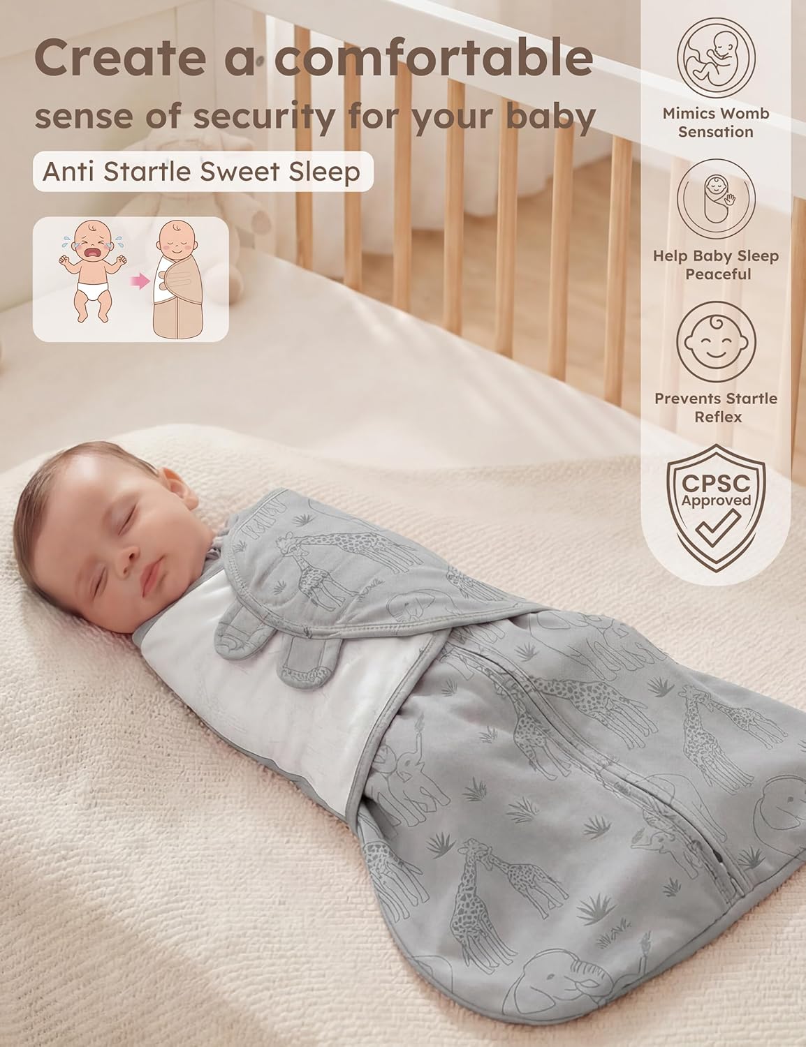 Unnivoll Newborn Sleep Sack Swaddle 100% Cotton Baby Swaddle 0-3 Months, 3-Way Adjustable Wearable Blanket, TOG 1.5, 2 Pack for Baby Boy Girl Apricot Gray Elephant