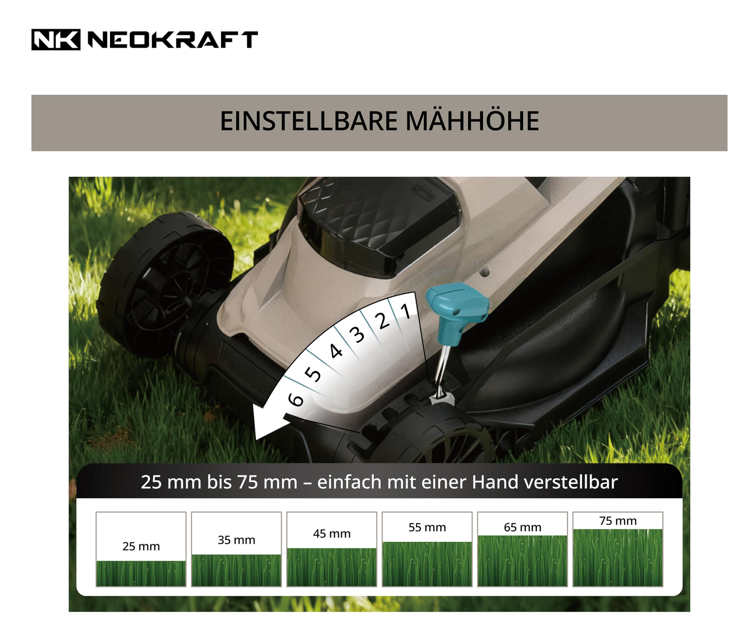 NeoKraft Elektro-Rasenmäher 1300W – 33 cm Schnittbreite – Elektrischer Mäher mit 30L Fangkorb & 6-facher Schnitthöhenverstellung – Kompakt & Leistungsstark - Rasenmäher - Gartenmäher
