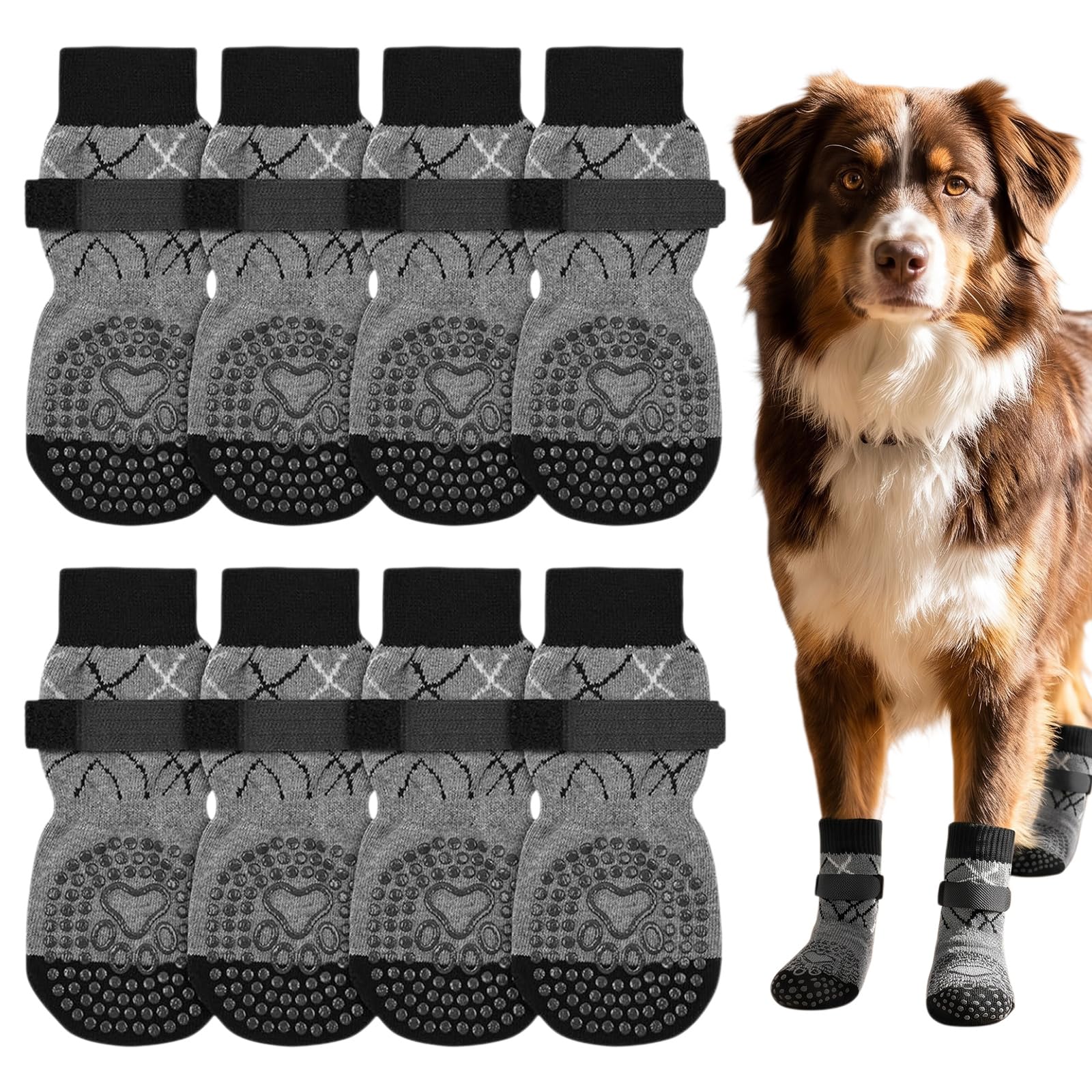 4 Pairs Anti Slip Dog Socks Paws Stop Licking, Dog Paw Protectors, Pet Grip Boots with Adjustable Strap, Slippers for Dogs Indoor Outdoor Walking