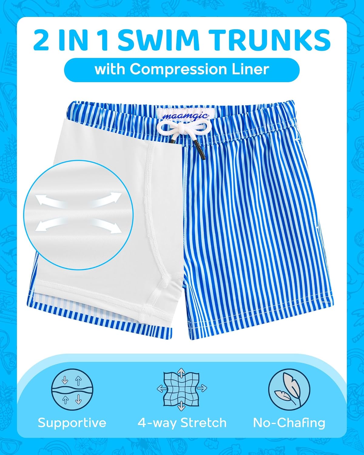 maamgic Boys Swim Trunks with Compression Liner 4-Way Stretch Quick Dry Bathing Suit Toddler Beach Shorts - Image 2